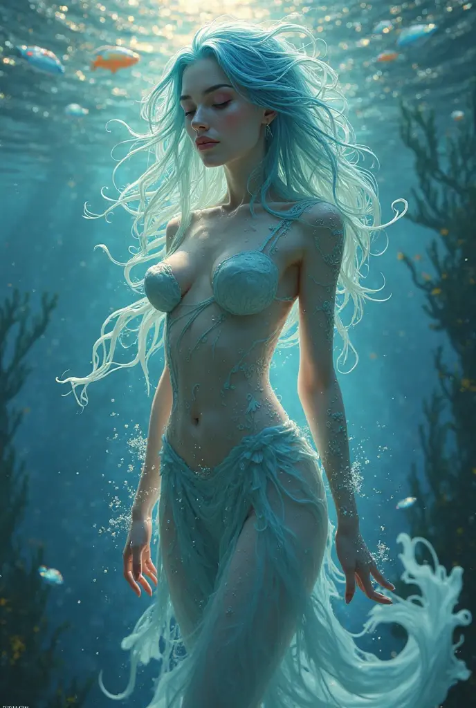 A surrealistic depiction of a woman submerged in an ethereal liquid, her body entwined with bioluminescent flora and fauna, emanating a soft glow as she drifts through an underwater dreamscape of surreal proportions.