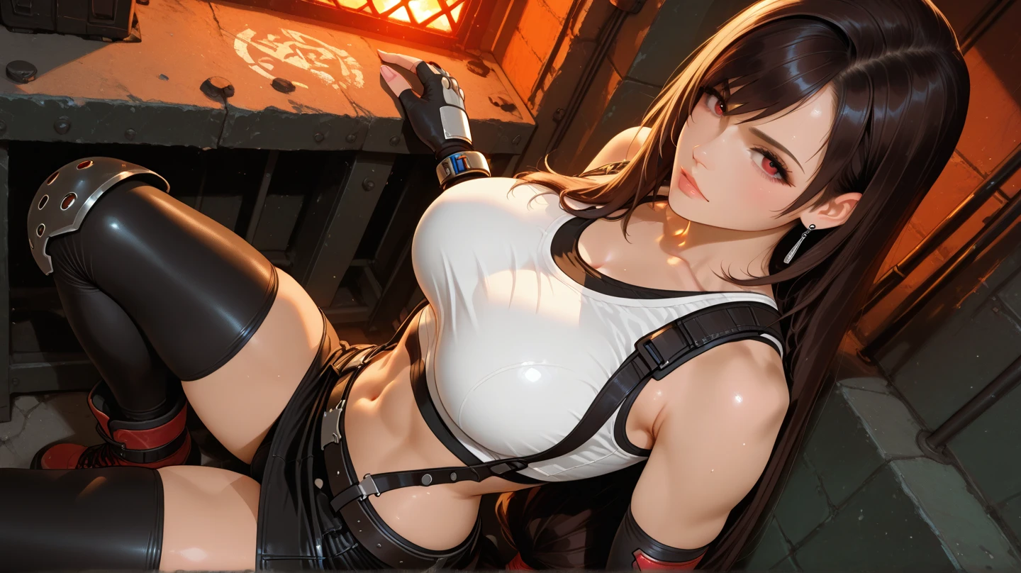 ((BDSM,(tied to chair:1.3),bondage, bound, bound arms, bound legs,bound ass, bound wrists,bound ass, breast bondage, breasts, crotch rope, red rope, restrained, rope, shibari, shibari over clothes, skindentation, thigh strap))),（Bring the subject to the fore、animal collar、(ripped clothing:1.5)、Be red in the face:1.4，20yr old，elongated eyes、eye liner、Lashes)、(((1 female、upper body、(milking machines:1.2)、nursing、teats、toppless、Colossal tits:1.1、Beautiful nipples 、big areolae:1.5、shinny skin:1.4、Constriction)))、((Tifa Lockhart))、((Beautiful detailed red eyes))、Black hair、Long hair、ultra detail face、Professional Lighting), Best Quality, Perfect face、(realisticlying:1.4)、 top-quality、Very fine and beautiful、Tifa_lockhart， brunette color hair，perspiring， Hanging black skirt、elbow groves， Face Light， Cinematographic lighting， nabel，(Dark Prison、Dark Dungeon:1.5) ， the background is blurred， Flapping hair， Adult beauty、View Viewer、pump、Pump Machine