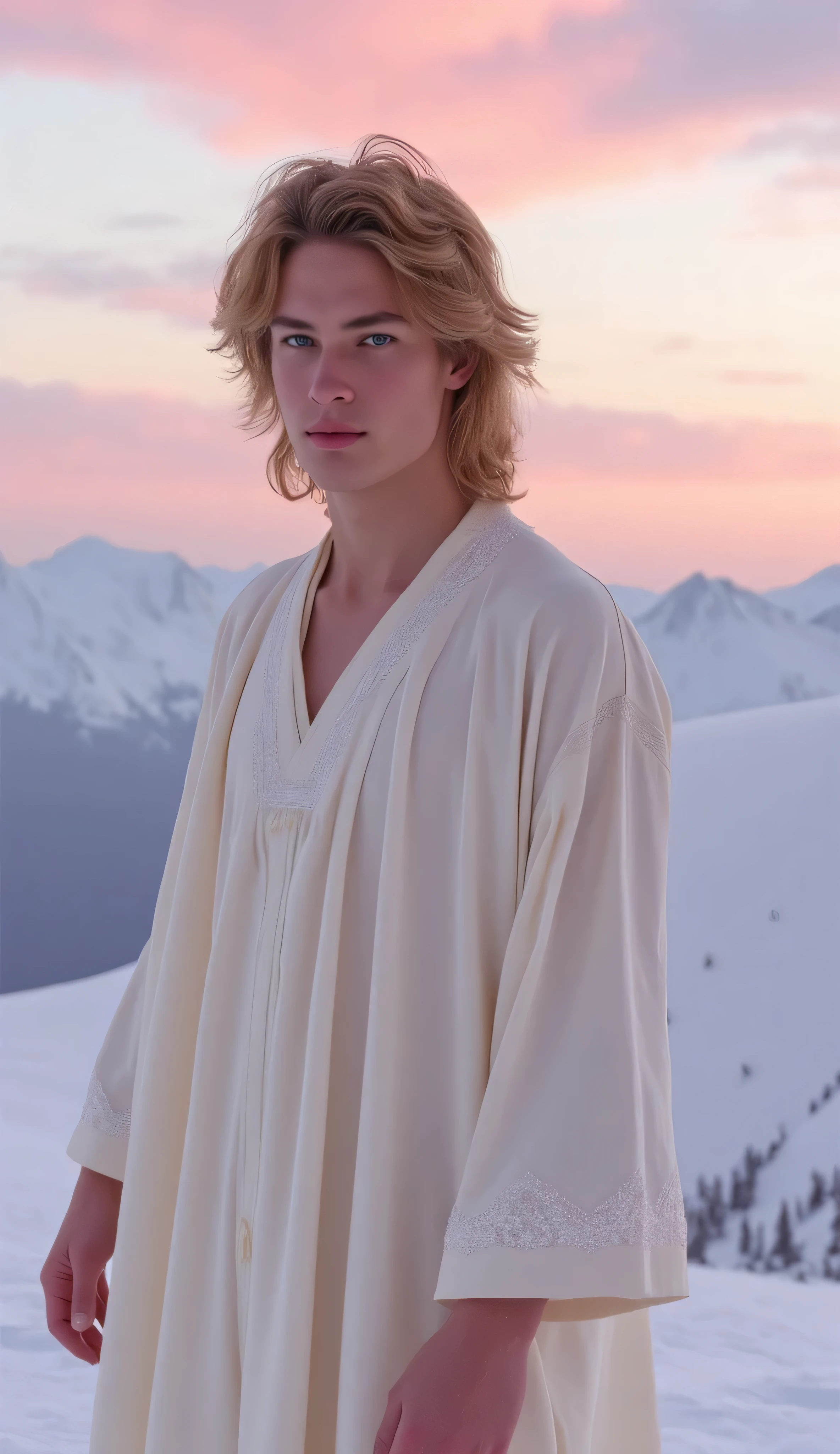 Realistic portrait of an ethereal young man with sandy brown hair and pale blue eyes, dressed in a soft ivory-white embroidered robe with flowing sleeves. The background is a serene snowy mountaintop under a pastel sunrise sky, soft pink and lavender clouds swirling in the distance. Cold breath visible, soft natural light.