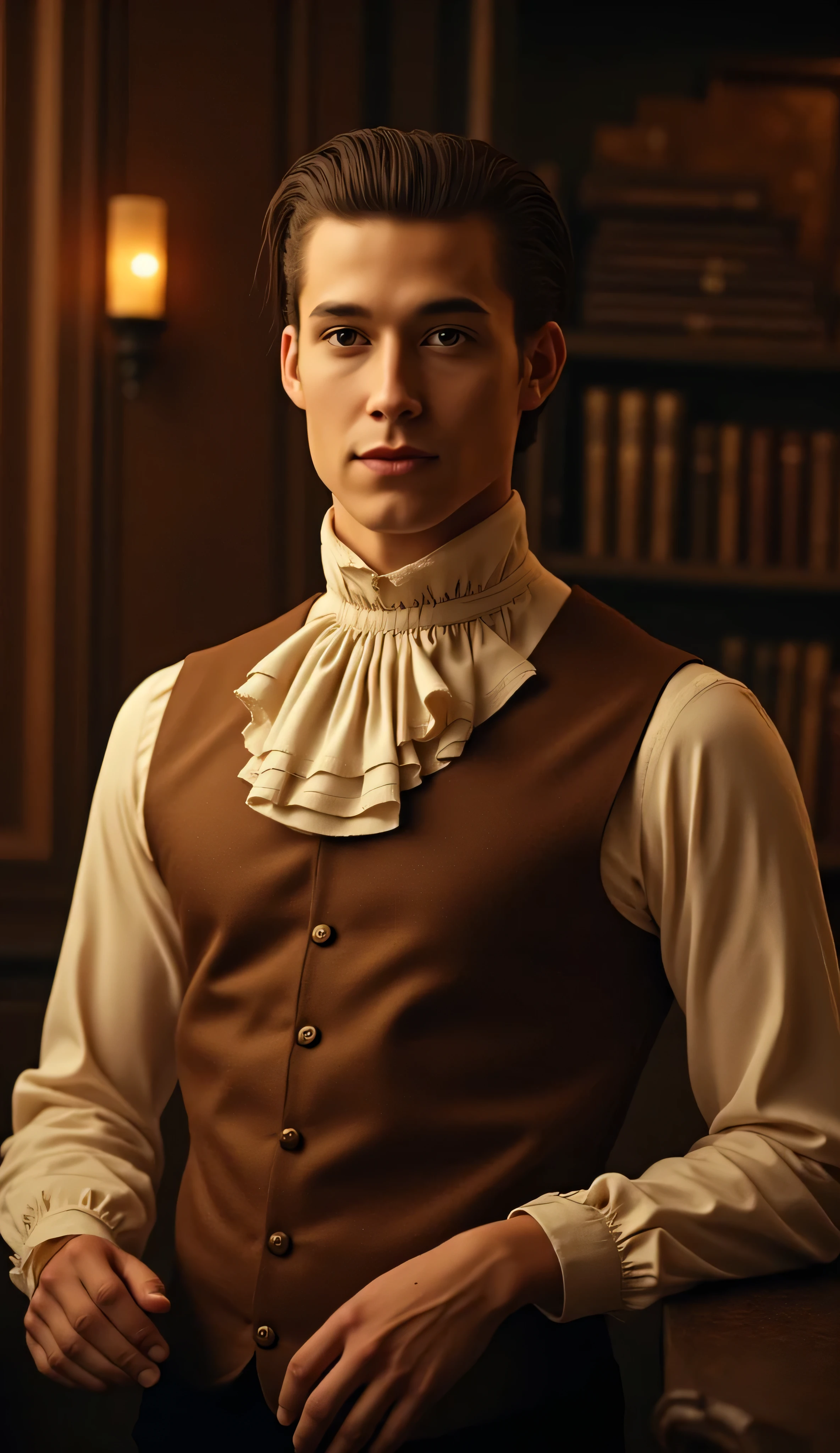 Hyper-realistic portrait of a young intellectual man with dark brown hair slicked back, wearing a sepia-toned vintage shirt with a ruffled cravat and old-style buttons. He poses beside an antique desk in a Victorian study with warm wood tones and golden candlelight. Rich textures, high realism, and mood.