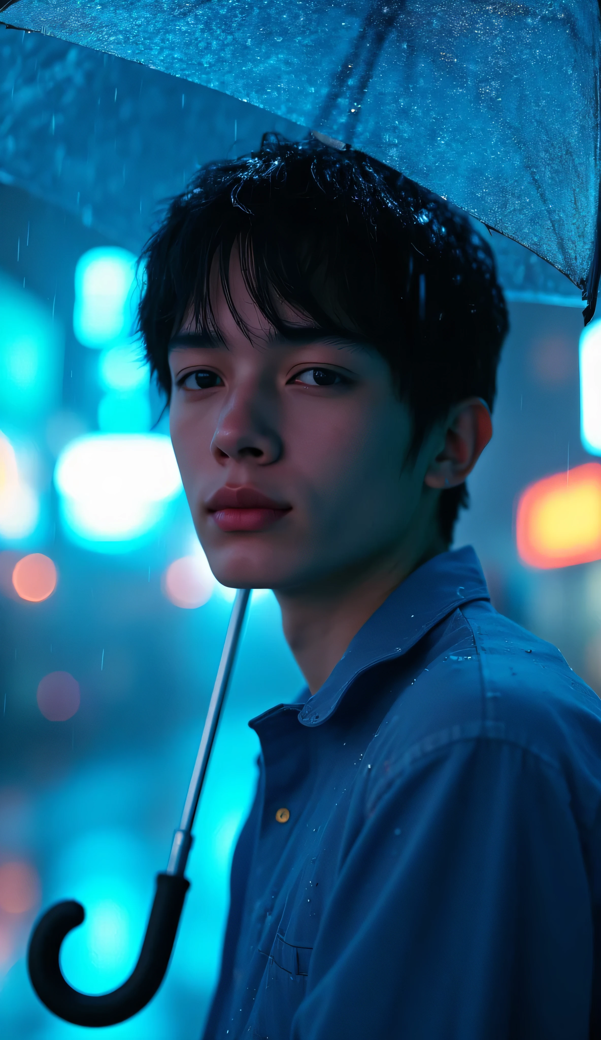 Realistic portrait of a soft-featured youth with short wet black hair and pale skin, wearing a sheer sapphire blue shirt that clings slightly from rain. He stands under a clear umbrella in a neon-lit rainy city alley at night, droplets glistening on his skin. Cool ambient glow, cinematic cyber-noir aesthetic.
