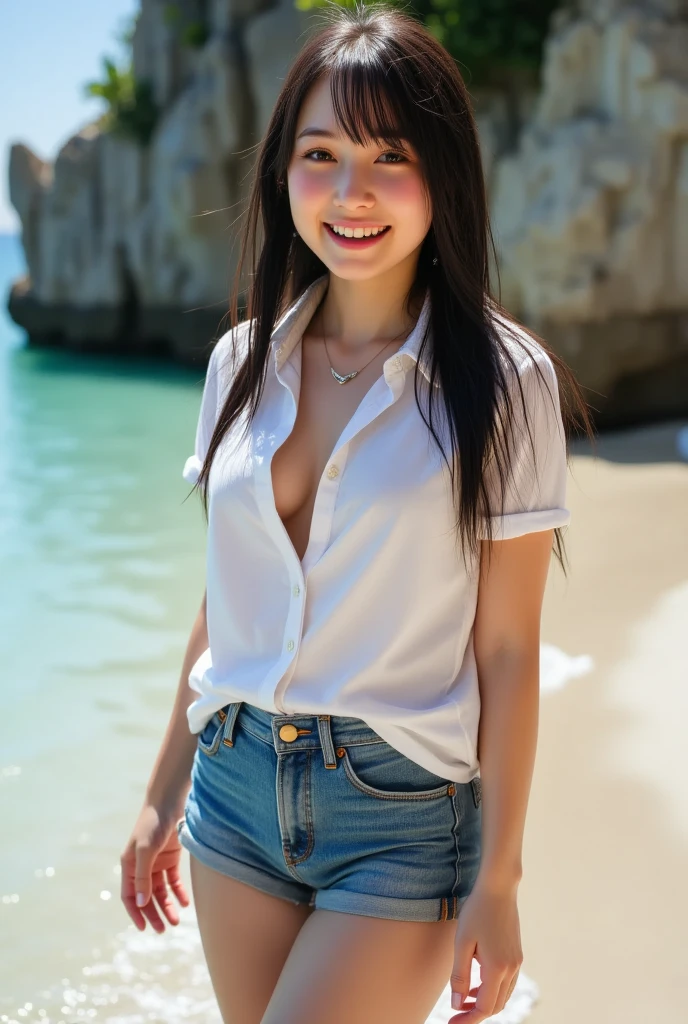 (best qualtiy,8K,tmasterpiece:1.3),(sharp fokus:1.2),(one-girl:1.2),(perfect body figure:1.4),(Slim abs:1.1),beachside,ssmile,rays of sunshine,Fine face,beautidful eyes,Straight legs,white shirt, shorter pants, White sneakers