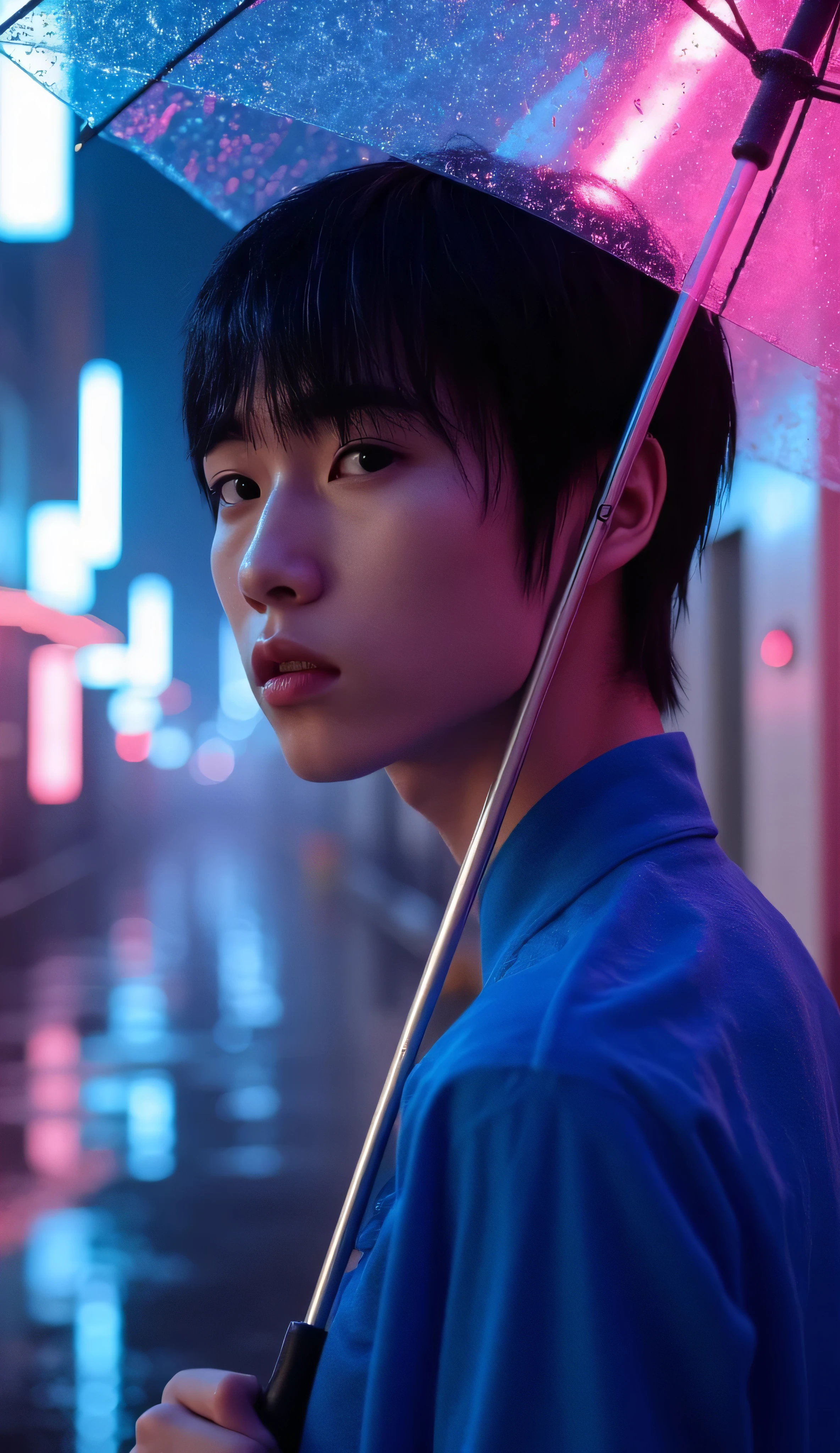 Realistic portrait of a soft-featured youth with short wet black hair and pale skin, wearing a sheer sapphire blue shirt that clings slightly from rain. He stands under a clear umbrella in a neon-lit rainy city alley at night, droplets glistening on his skin. Cool ambient glow, cinematic cyber-noir aesthetic.