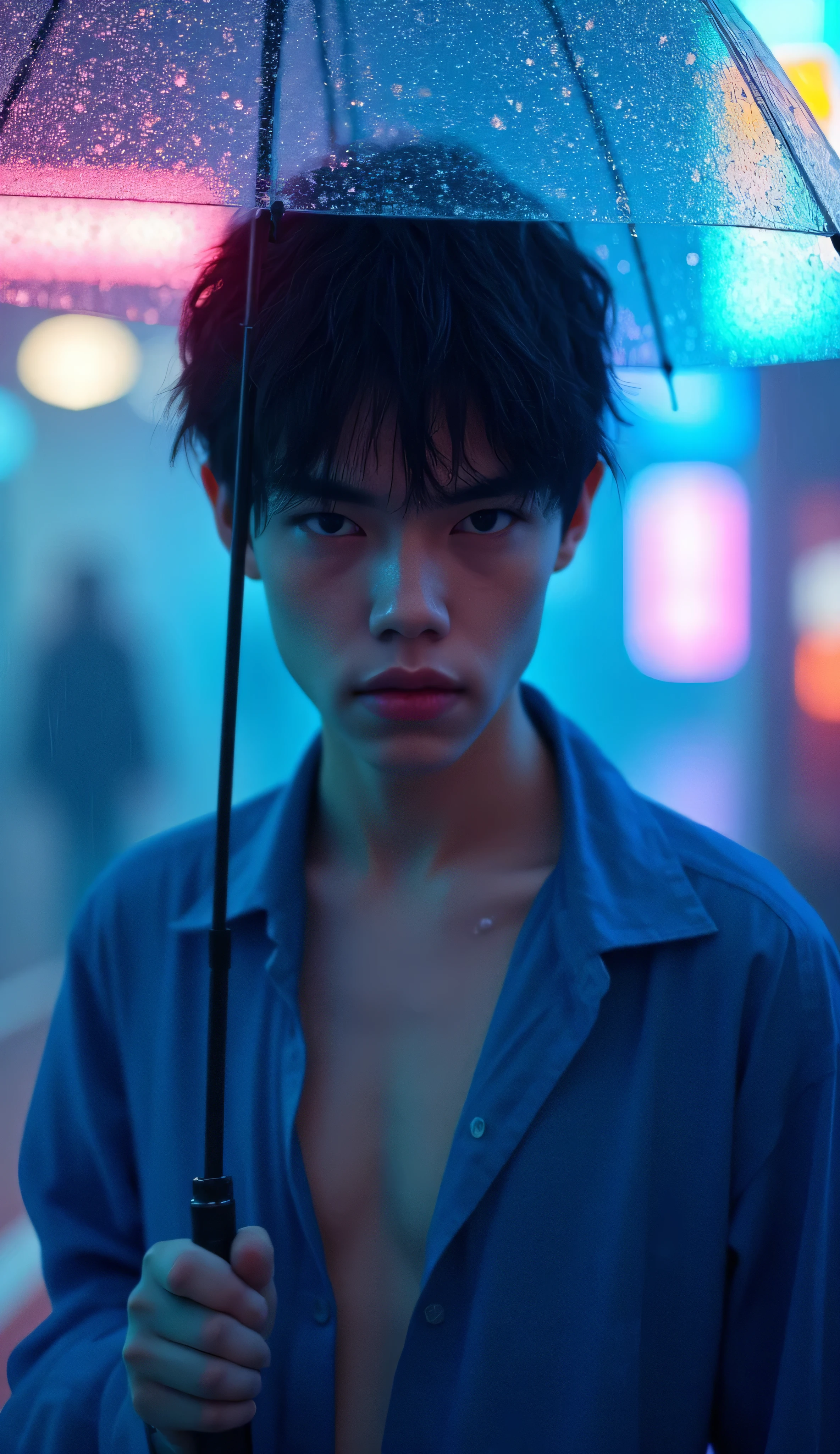 Realistic portrait of a soft-featured youth with short wet black hair and pale skin, wearing a sheer sapphire blue shirt that clings slightly from rain. He stands under a clear umbrella in a neon-lit rainy city alley at night, droplets glistening on his skin. Cool ambient glow, cinematic cyber-noir aesthetic.