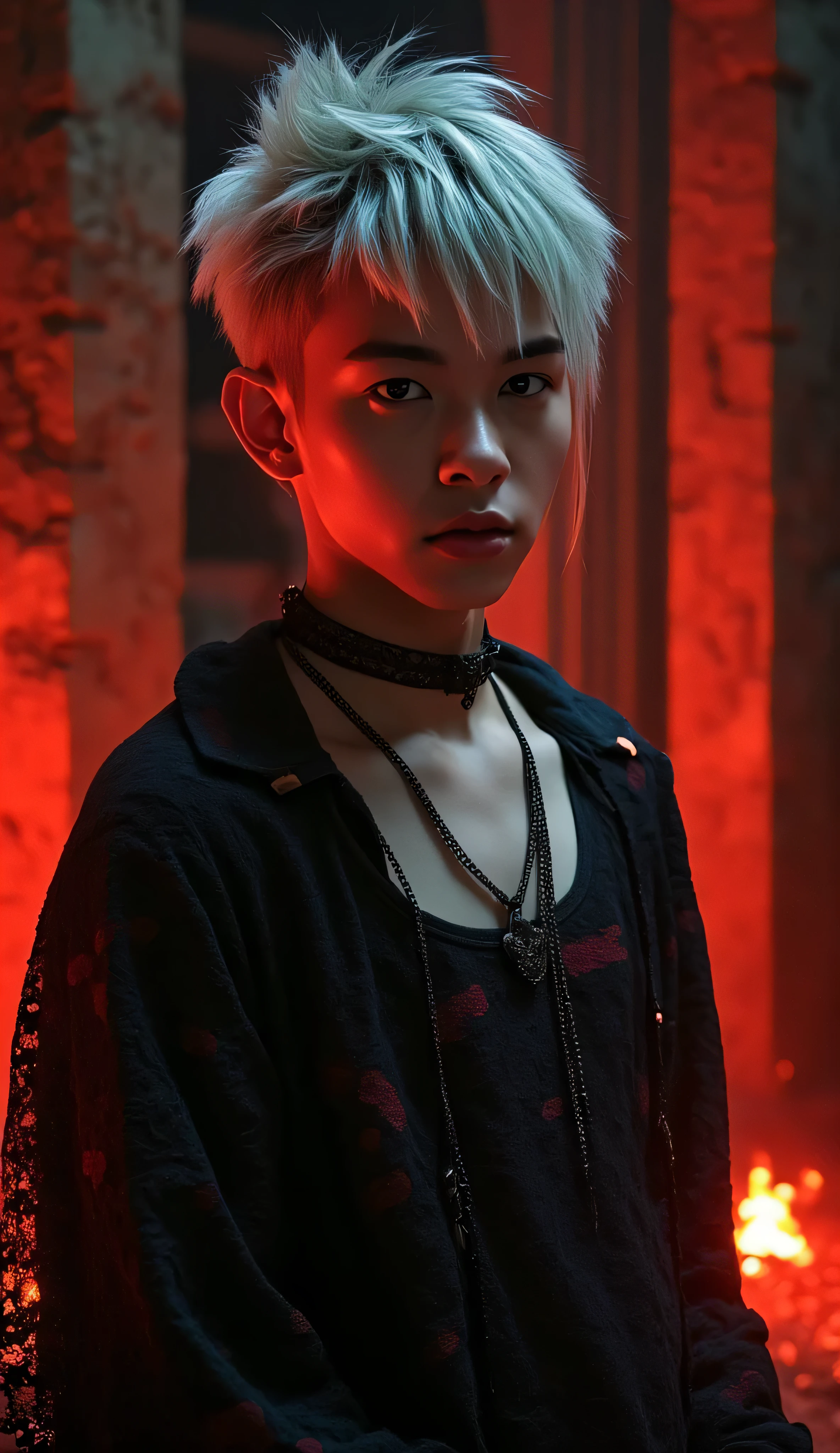 Realistic portrait of a striking androgynous youth with tousled silver hair, wearing a black lace shirt with subtle red detailing and a gothic choker. He’s lit by flickering firelight inside an ancient stone temple, with red embers and glowing runes surrounding him. Deep shadows, fiery tones, dramatic atmosphere.