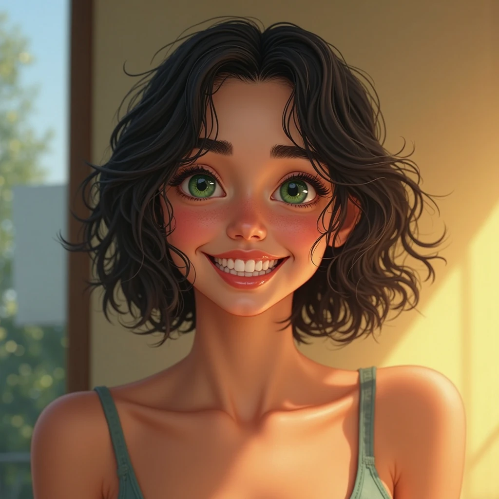 There is a woman with curly hair smiling in a bathroom, short curly dark hair smiling, smiling happily at the camera, beautiful and smiling, curly hair, messy curly hair, curly, she is smiling, she is smiling and happy, very silly looking, headshot profile picture, po, insane smile, curly hair, very slightly smiling