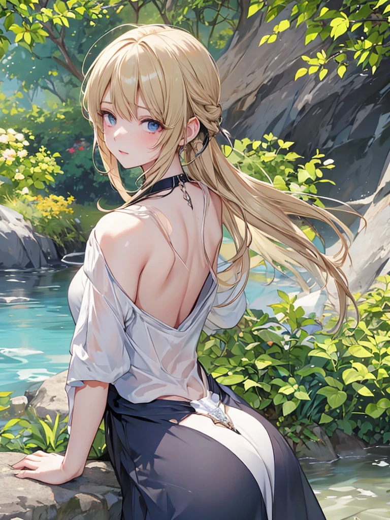 focus on the butt、perfect anatomy、ヨーロッパのyoung woman、beautiful blonde hair、small breasts、Realistic human body、attractive ass、young woman、very realistic face、sorry expression、ultimate beauty、slender body、white skin、(((White tank top and red T-back)))、outdoor、highest quality、best image quality、masterpiece:1.3、portrait、8K、perfect lighting、professional photographer、