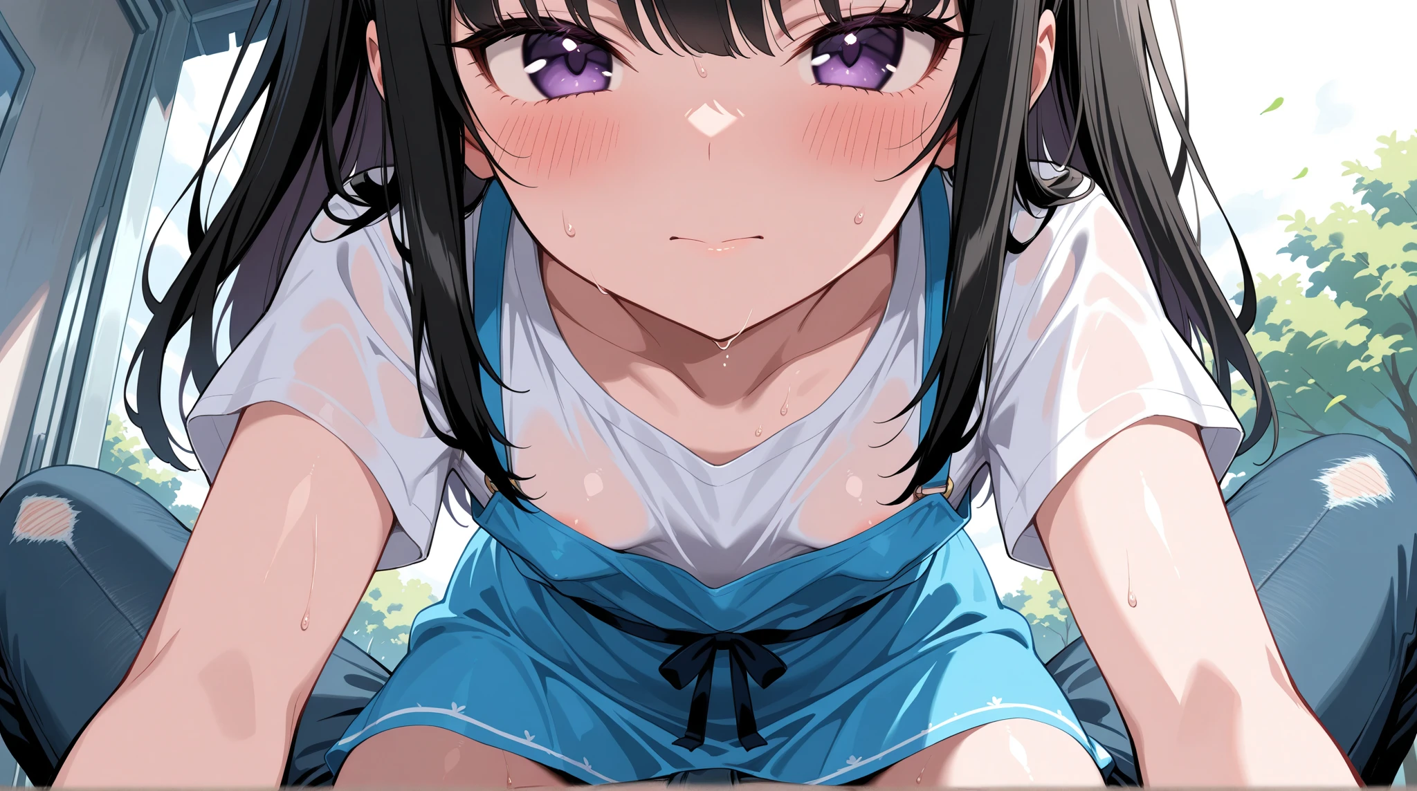 ((nsfw,slut,bitch,vulgarity)),(masterpiece,highest quality,Ultra-high resolution,Highly detailed 8k wallpaper,Super detailed,Very condensed one girl,Delicate and beautiful features,Beautiful fine details,Beautiful lighting,anatomically correct),View Viewer,looking up at viewer,from above,spoken heart,wariza,hand between legs,sitting in livingroom,frills shirt,pleated skirt,over knee socks,open mouth,seductive smile,blush,seductive smile,Sexually suggestive,13 years old,slender,middle hair, little two side up,flat chest,shiny hair,Fair skin,Straight black hair,1 girl