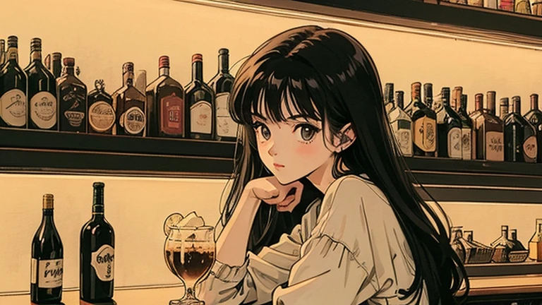 Illustration drawn in 80's cartoon style. It depicts one young woman with short dark red hair. The scene is a bar with an adult atmosphere. The woman exudes a cool and somewhat nostalgic atmosphere. She has a relaxed expression on her face and is sitting on a chair, holding a glass. The background is painted in soft, soothing tones, further emphasizing the chill, contemplative atmosphere.