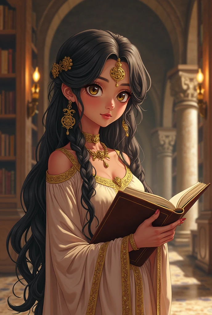  breasts, thighs, dark skin, long wavy black hair, green eyes, enchanted wet siren outfit, curious seductive expression, sitting on a ledge reading a book, ancient cathedral.