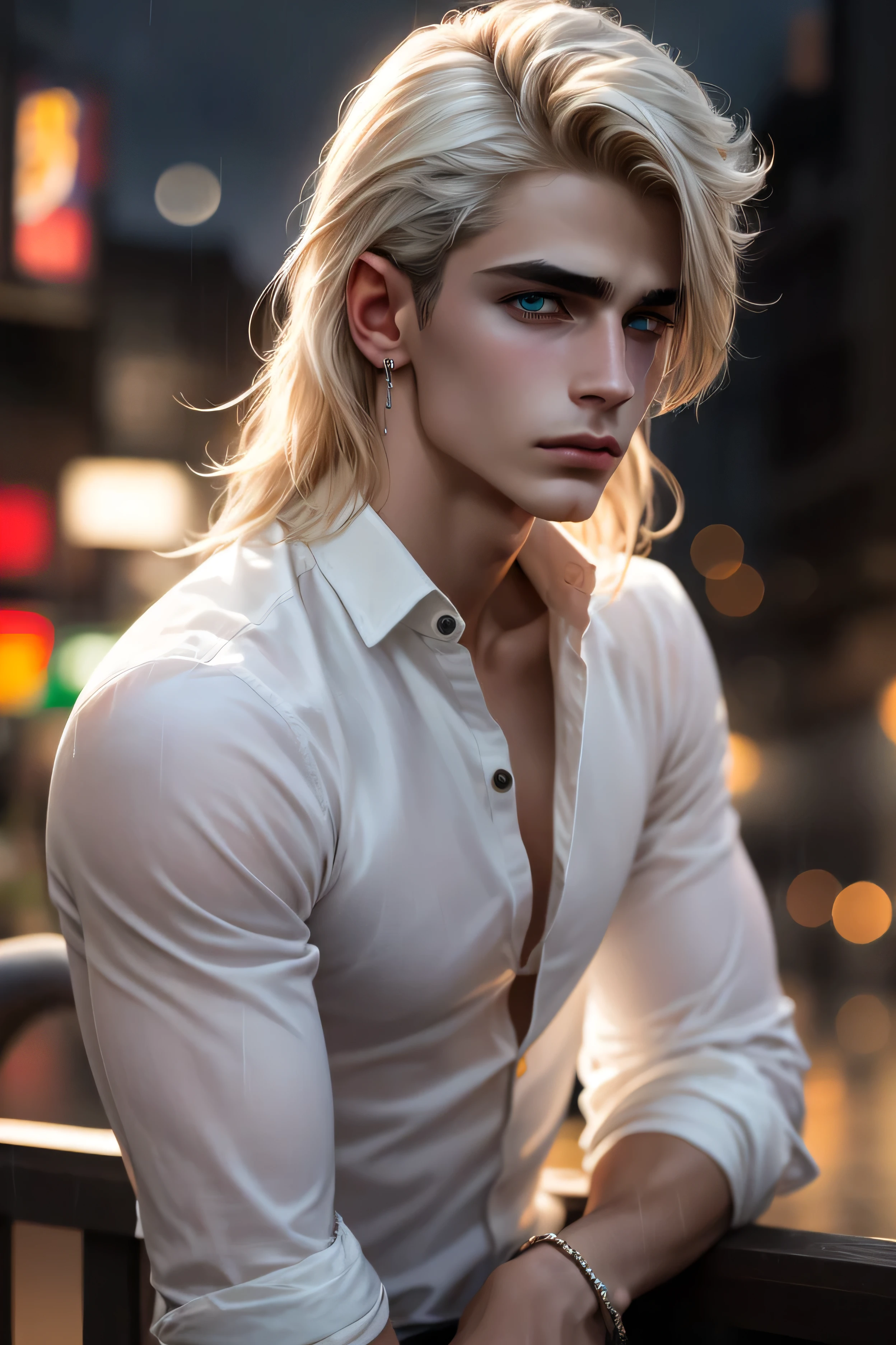 Hyper-realistic portrait of an androgynous young man with short platinum-blonde hair, pale luminous skin, and misty jade green eyes. He wears a translucent pearl-white shirt with shimmering silk threads, soaked gently by a soft rain. A single teardrop-shaped earring glints at his ear. His gaze is distant, lips parted, and a few strands of wet hair cling to his cheek. The background is an impressionistic cityscape blurred by rainfall, glowing with soft bokeh lights in hues of silver, seafoam, and lilac. Ultra-HD texture detail, hyper-defined water droplets on skin and fabric, shallow focus, fashion editorial tone with a wistful melancholy atmosphere.