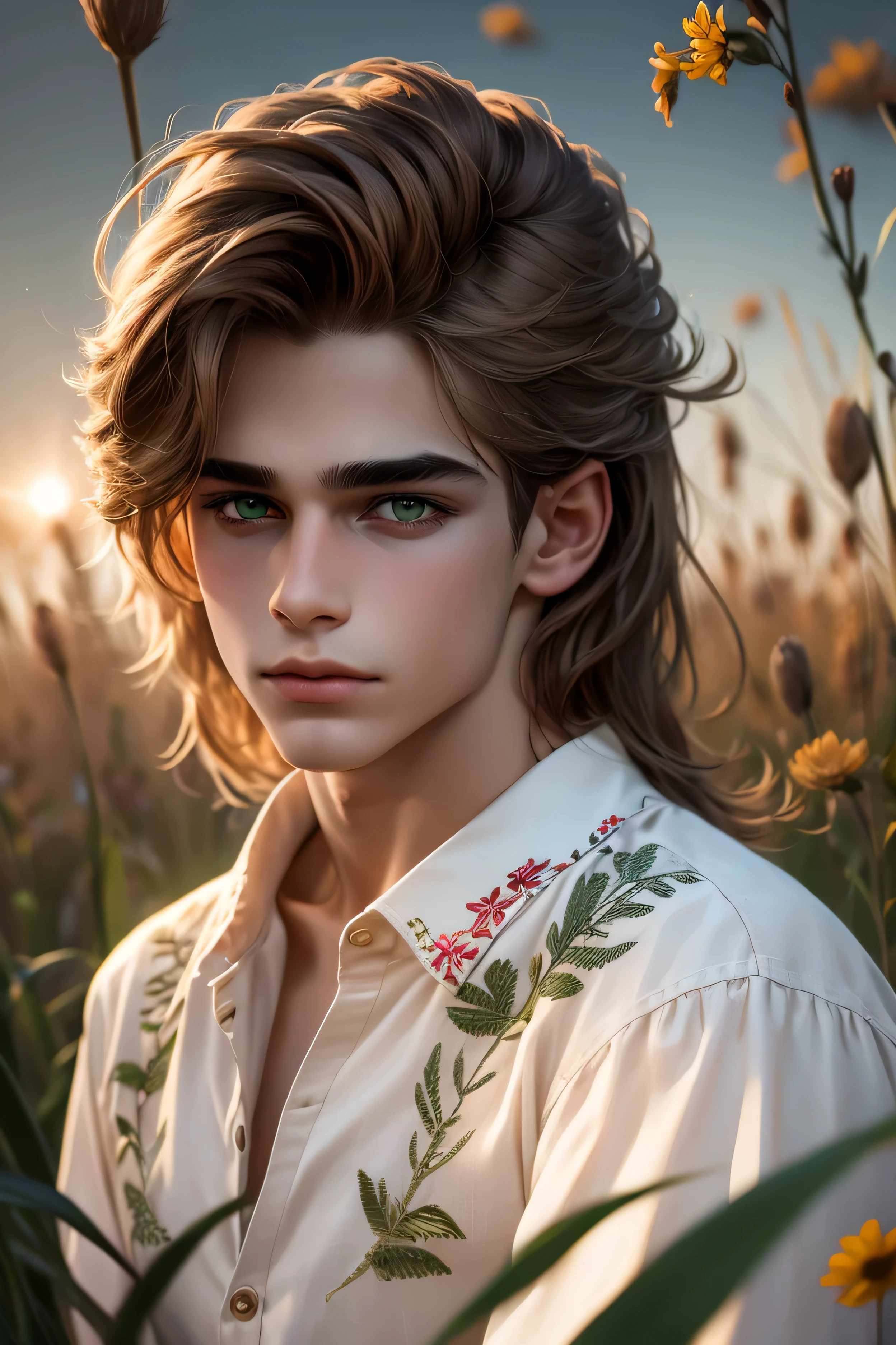 Portrait of a cute young boy with fluffy light brown hair and soft amber eyes, resting in a field of tall grass and wildflowers. He wears a simple white cotton shirt with delicate embroidery on the collar, open at the throat. Sunlight glows behind him, creating a halo effect through the swaying leaves and petals. A few green leaves are tangled playfully in his hair. Hyper-realistic rendering of light on skin and fabric, dreamy summertime energy, natural light photography aesthetic.
