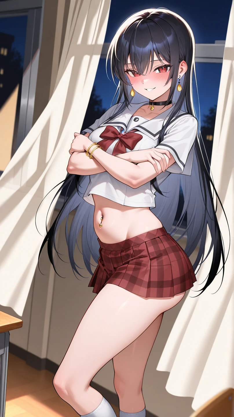 (nsfw)(masterpiece), Super detailed, High resolution, Best illustrations, Ultra-fine illustrations, (Official Art:1.2), (Anime screenshots:1.2), Beautiful face and eyes in every detail, Anime key visual, Perfect Anatomy, 8K Portrait,
One girl,
suzune horikita,
suzune horikita \(youjitsu\),
Long Hair, Braiding,
Black Hair,
(Red eyes:1.2), Slanted Eyes, Small eyes,
Blue ribbon,
Medium chest,
(,Red jacket, Black thigh-high socks),
BREAK Watch Viewers,
Cowboy Shot,
Perfect light,
Indoor Background, School building, ((White panties,undressing,))