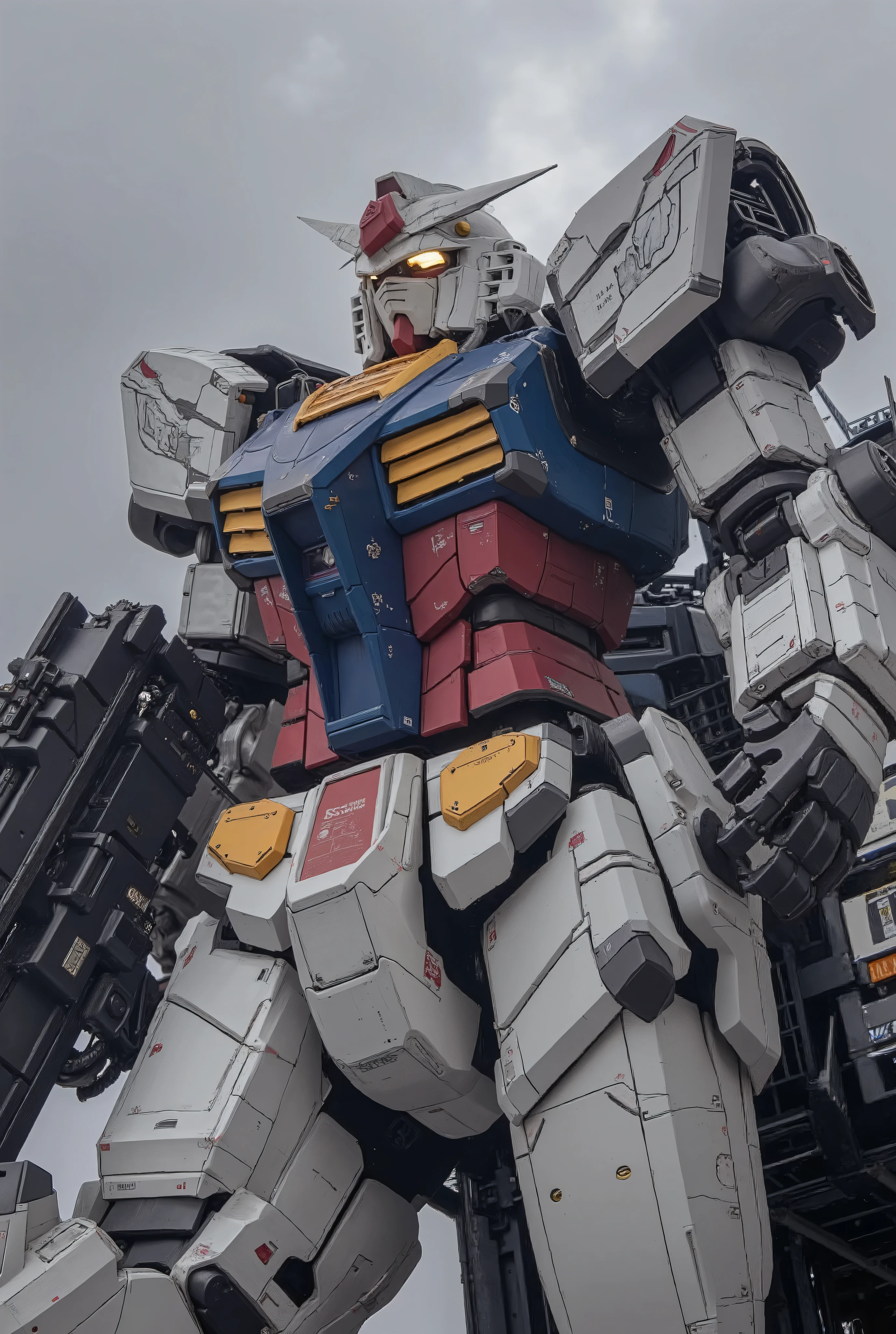 Gundam, real ,16k, high image quality, by Nomi, top quality, Masterpiece, super detailed,Human movement, sleek sharp design, shield on the left hand , holding a beam rifle in the right hand, detailed design,金属の real な質感,metal, real な砂漠の戦場、(In front of the factory、Stand up and hold up a beam rifle)、 Perfect Details 、 Hi-Res