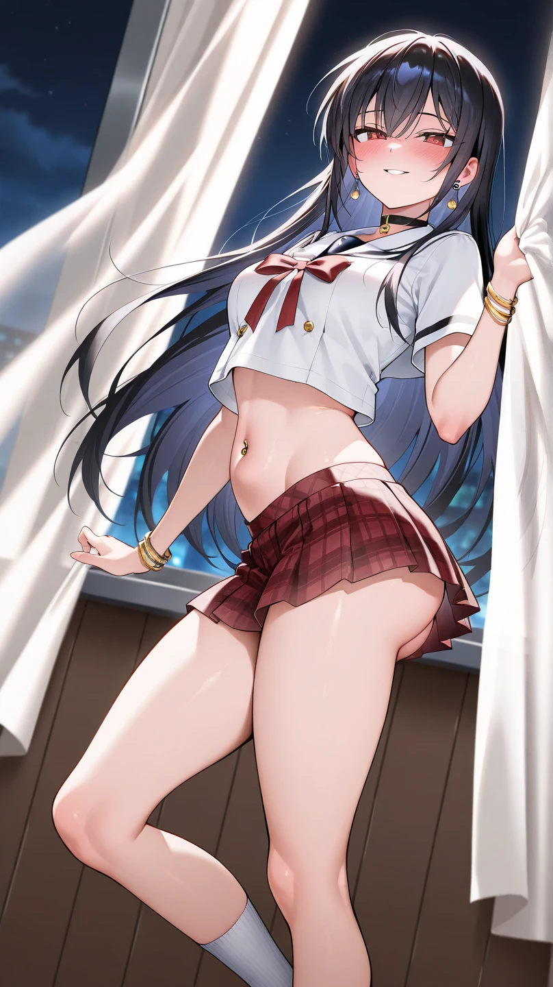 (masterpiece, best quality,ultra-detailed),nsfw,(cute and beautiful girl),sailor school uniform,navy blue pleated skirt,(skirt lift:1.4),BREAK,red bowtie,BREAK,(white panties),(panty shot),BREAK,black hair,stand,cowboy shot,from below,shy smile