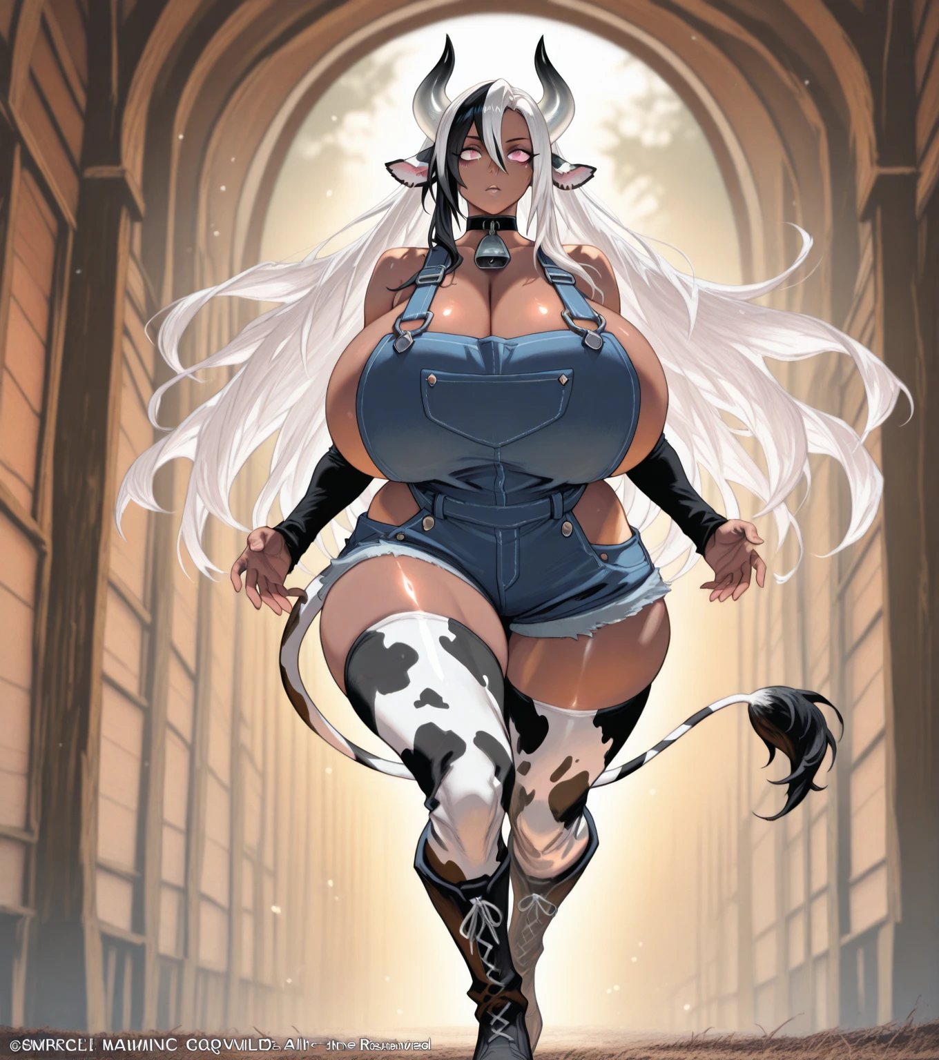 8k_wallpaper, extremely detailed eyes, extremely detailed body, (large masterpiece digital art), (detailed manga illustration), (detailed line art), ((perfect anatomy)), (intricate details:1.3), (ultra-detailed:1.3), (illustration:1.3), (sharp focus:1.3), (natural lighting:1.05), (vivid colors:1.3), (masterpiece), (best quality:1.4), (perfect anatomy:1.4), high quality, expressive eyes, full body, tall girl, detailed face, beautiful face, perfect face, detailed ((white hair)), (black hair), (pink eyes), {{dark skin}}, ({dark skinned female}), cow girl, gigantic breasts, thick thighs, very long hair, bare shoulders, denim, (blue overalls), overalls, dynamic lighting, cow print, high resolution, 4k resolution, dynamic pose, silver jewelry, {fantasy farm background}, choker, (cow ears), {{cow tail}}, (tail), ((streaked hair)), wide hips, thighhighs, horns, {cow horns}, animal ears, skin dentation, curvy, plump,