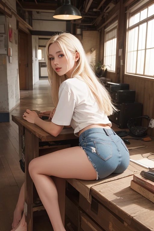Sexy Asian young teen girl, Blonde hair, blue eyes, jean short shorts, White shirt, Big Butt, bending over, bending down, backwards, showing the ass, leaning on a table, bedroom background