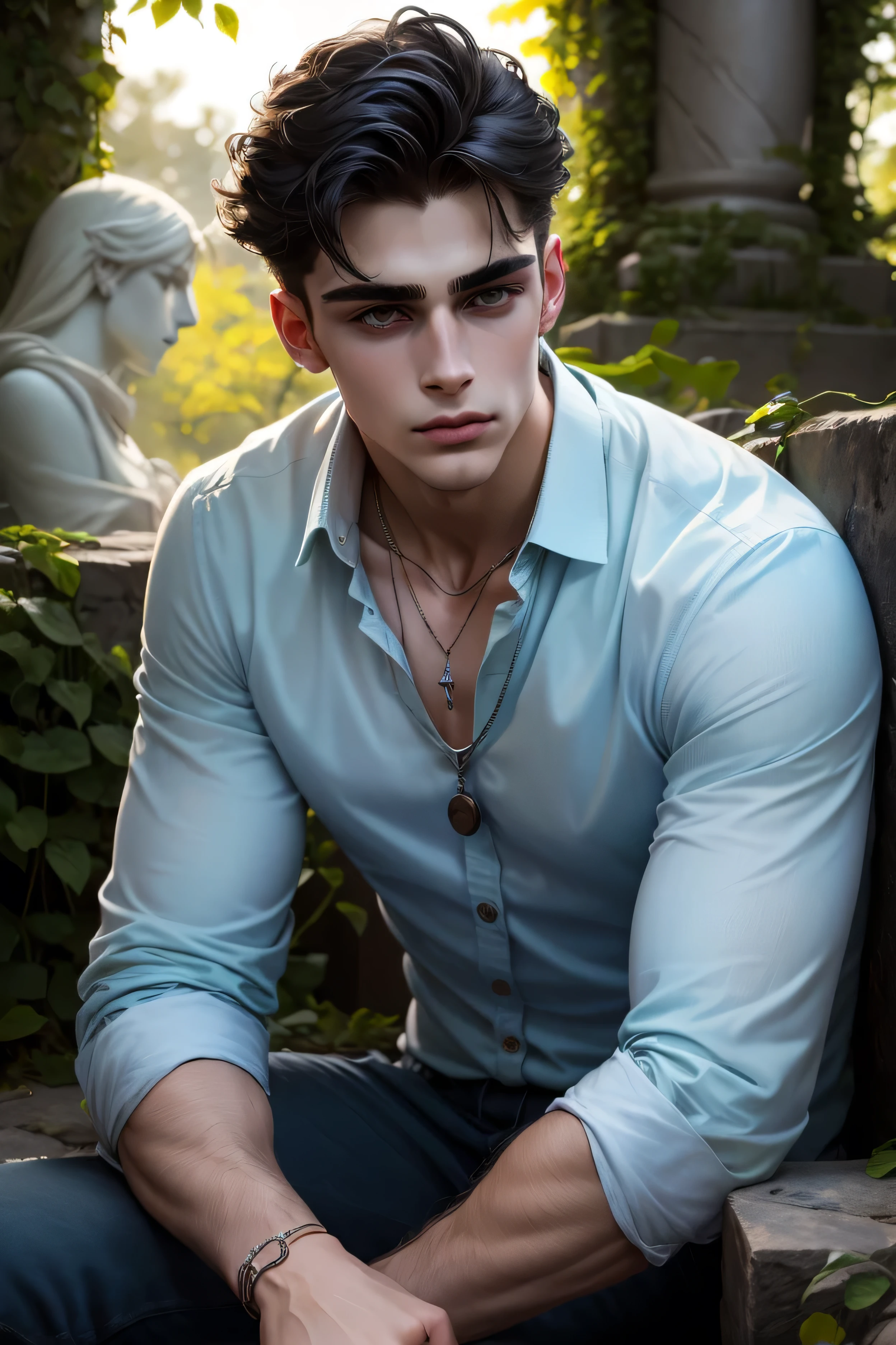 Portrait of an elegant 24-year-old man with short raven-black hair, icy blue eyes, and smooth alabaster skin. He’s seated on a cracked stone bench overrun with creeping ivy and leaves. He wears a pale blue open-collared shirt with a silver pendant resting at his chest. The background is filled with tangled foliage and forgotten statues in an overgrown garden. Diffused sunlight creates a soft glow. Editorial dreamlike atmosphere.