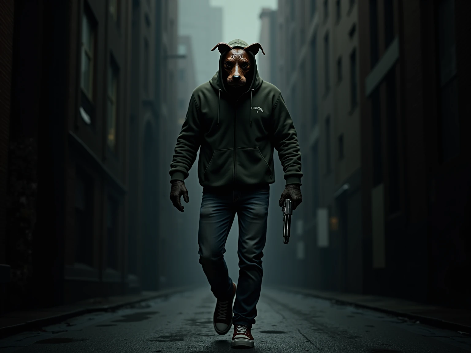 
Man in red Hawaiian shirt being attacked by a killer in a rabbit mask wearing black clothes and brown shoes with a knife