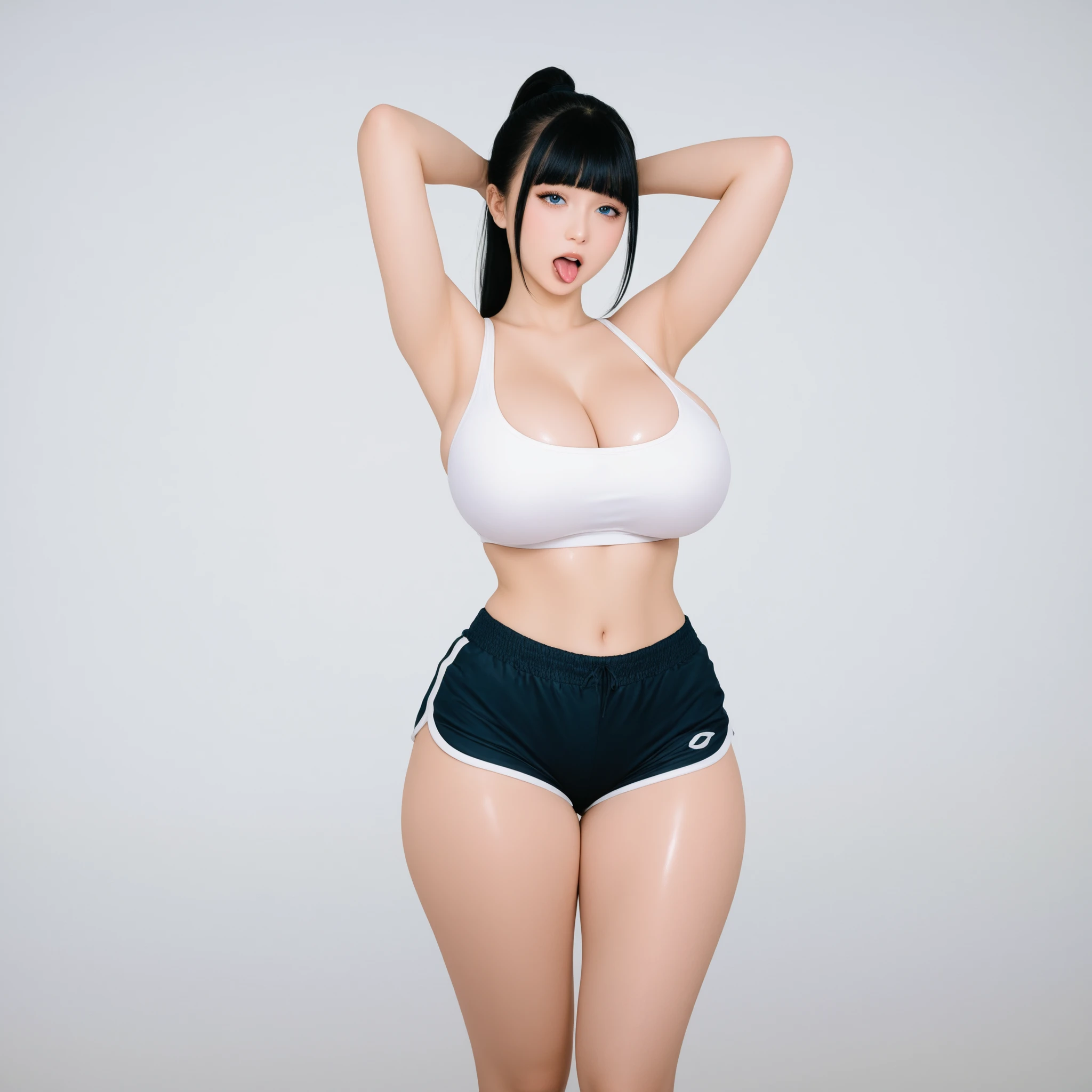 (masterpiece, best quality, ultra-detailed, ultra-HD, photorealistic, cinematic), (alluring female model), (wide shot:1.5), perfect body, sexy body, perfect face, perfect hands, large cleavage, round ass, long round legs, (cool blue hair cascade down, contrasting beautifully with the vibrant outfit), (wearing a sleek blue and white leather suit), (sensual pose, from below:1.2), (gradient background), (brown eyes, detailed pupils), blushing, (slightly parted lips, fluffy lips, thick lips, soft pink lips), (THICK TIGHS:1.3),(CHUBBY)