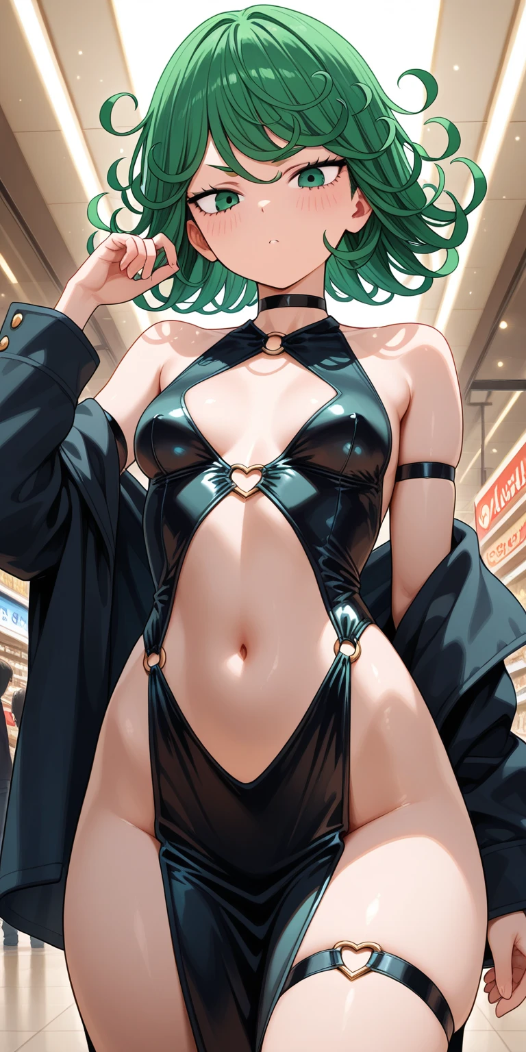 anime girl on the floor, exposed thighs!!!, tatsumaki, sexy no underwear, view from back, focused thighs, exposed feet, sexy girl