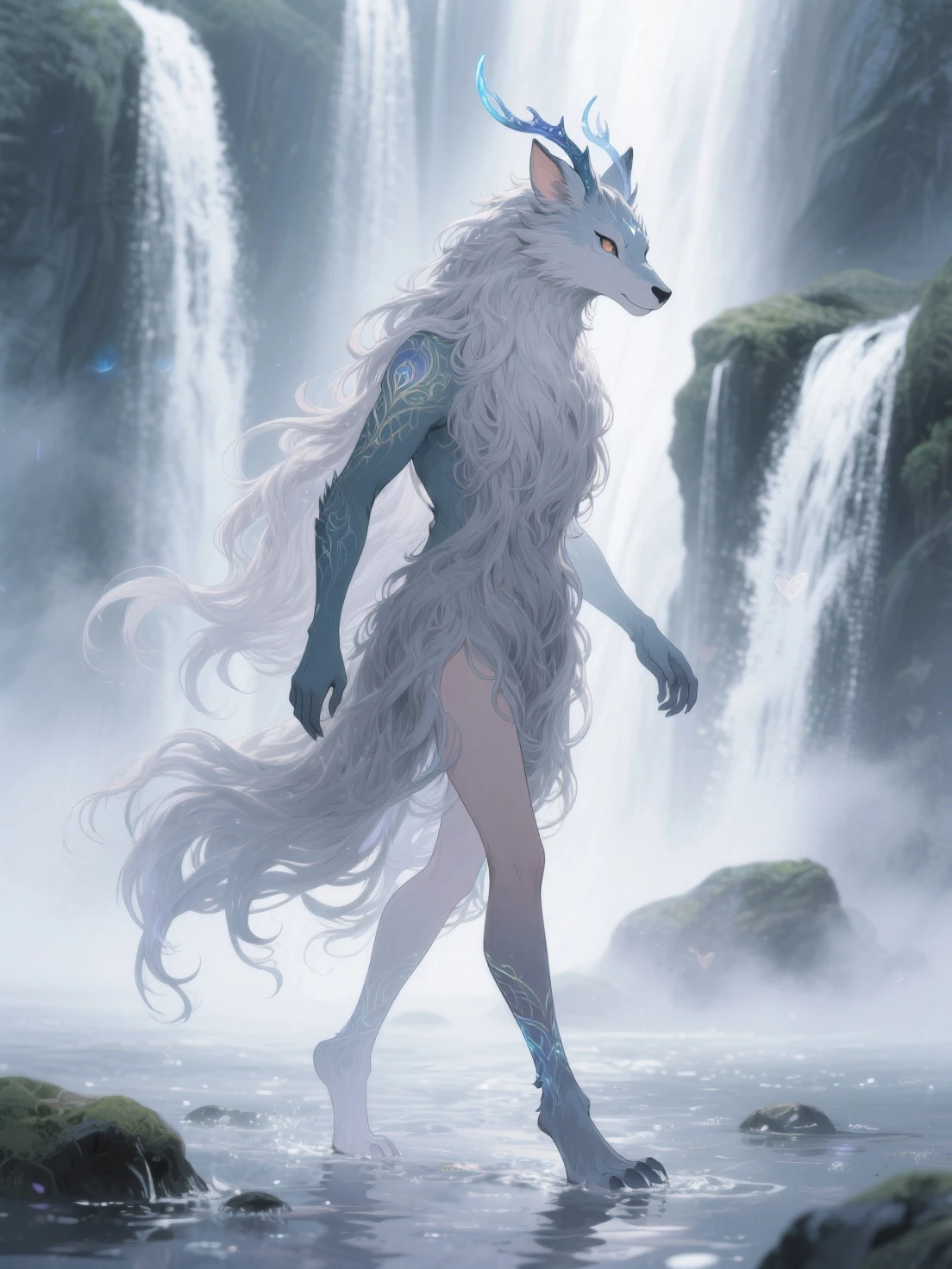 ultra-detailed, masterpiece, masterwork, high quality, best quality, hdr, (nature, waterfall, batting, wet body), nsfw, female, solo, werewolf, (nude), (white body werewolf), white body, yellow eyes, wolf tail, (long silver hair), standing, from below, dynamic angle,