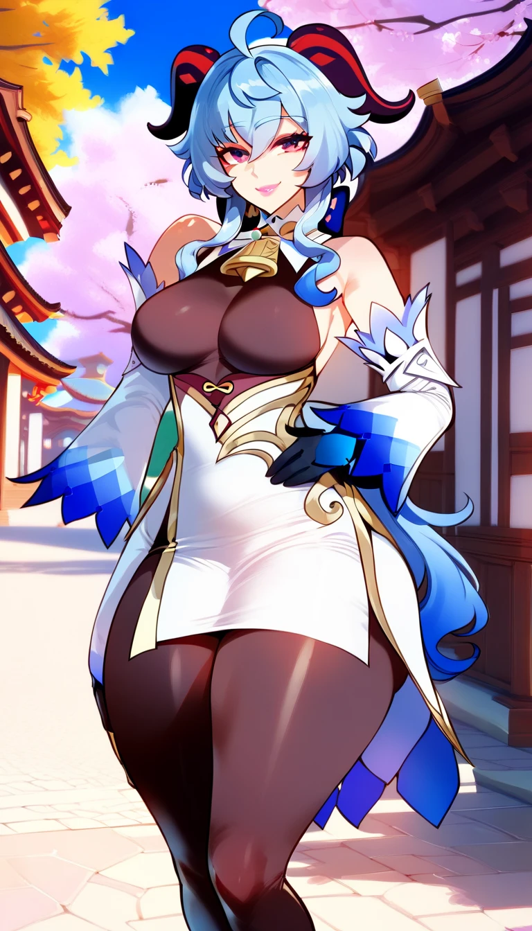 full naked ganyu \(genshin impact\), 1girl, ahoge, architecture, bangs, bare shoulders, bell, black gloves, black pantyhose, (blue hair), blush, breasts, chinese knot, detached sleeves, east asian architecture, flower knot, gloves, horns, long hair, looking at viewer, medium breasts, neck bell, night, outdoors, pantyhose, purple eyes, sidelocks, solo, tassel, white sleeves, (ulzzang-6500:0.5), ?????