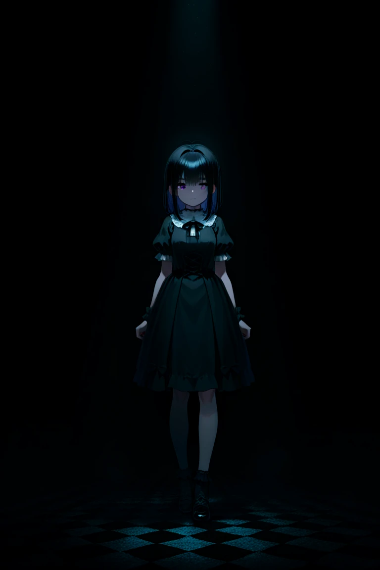 8k photo of a girl wearing a yellow bow in her hair in an endless dark hallway, there is no light in the place