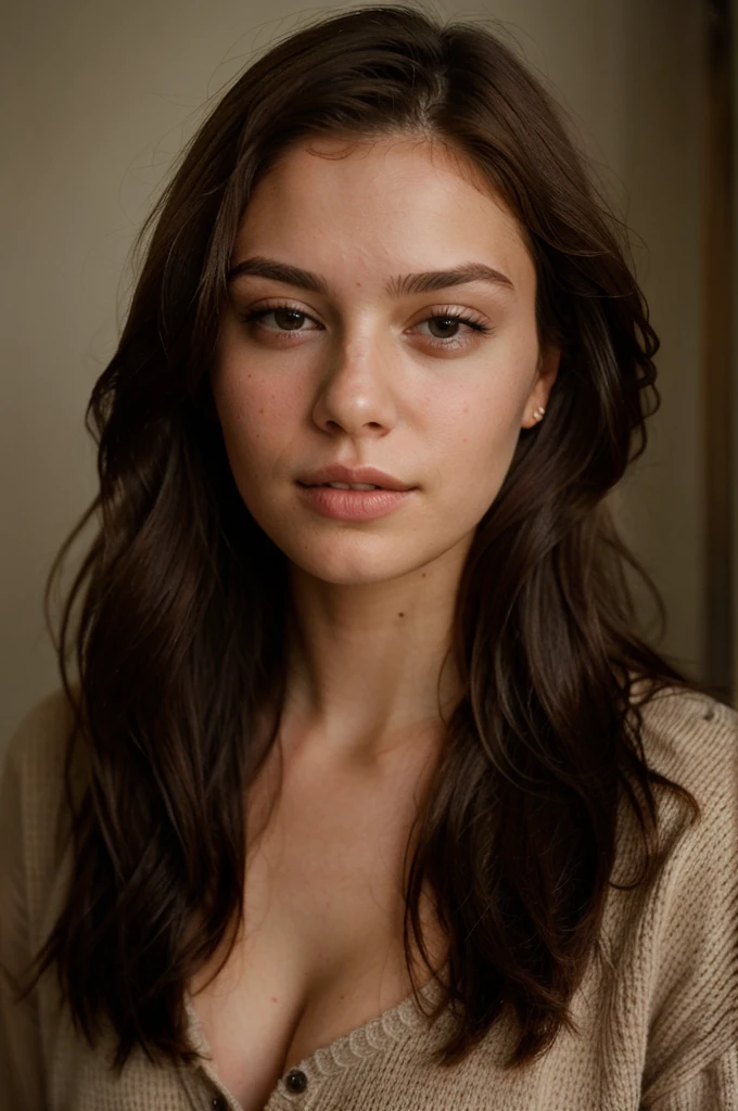 ((best quality)), ((masterpiece)), (detailed), perfect face realistic photo of beautiful woman with long dark brown hair, Russian, influencer, light freckles, dark brown eyes, big lips, no makeup, instagram, standing next to black wall, wearing sexy lond winter jumper
