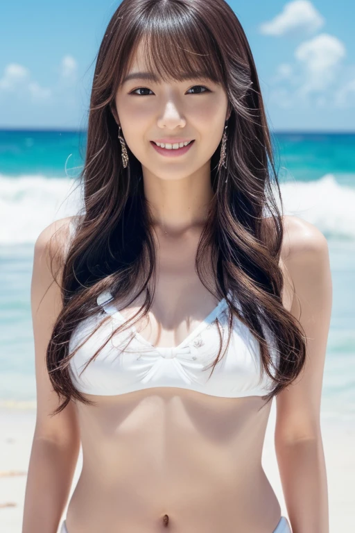 high quality,8K, Detailed facial depiction, Detailed description of the eyes,One Woman, Light brown hair(Medium-long hair),Beautiful Japanese Girl,24-years-old,Beautiful Face,Cute eyes,Cute Smile,Yellow gingham checked lace underwear,String panties,Slender body, Plump and large breast size, Long and beautiful legs,Are standing,Smiling, Colorful earrings,necklace,Model pose,Copacabana Beach