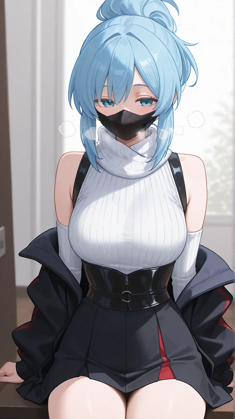 1 girl, detailed blue eyes, lange wimpern, detailed beautiful face, Long black full hair, schwarze haare, improvisierter Knebel, (Klebebandknebel:1.5), GEKNEBELT, Klebeband, festgebunden, (Arms behind the back:1.4), gefesselte Arme, black Mini skirt, black crop top, blushing, Tape gag, stehend in einem Schlafzimmer, Standing in Front of a bed, (Big boobs:1.1), camera angle from above, looking at the viewer
