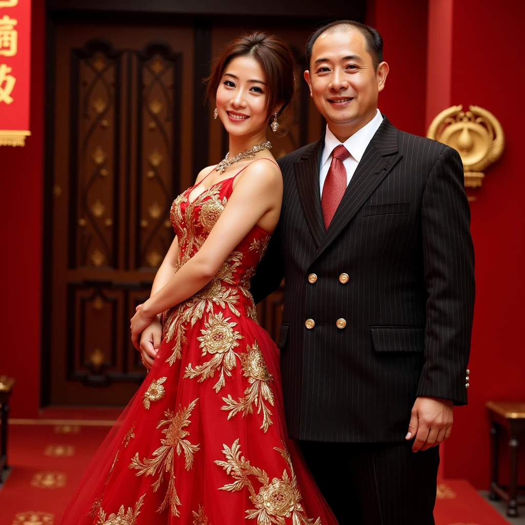 Japanese, senior, man, suit, young woman next to him, close contact, red dress, night city