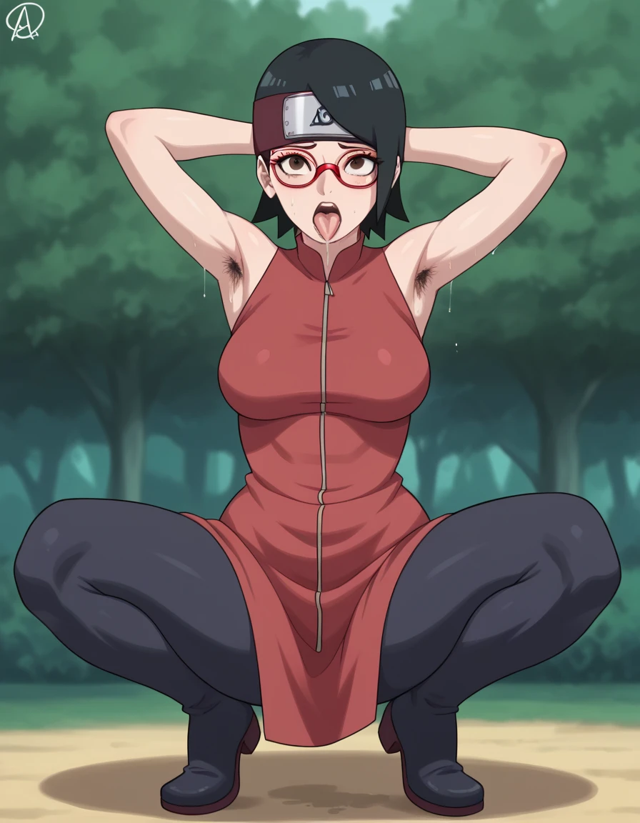 anime, sarada uchiha, sarada, 1girl, 5boys, wavy black hair, wavy short hair, wavy hair, wavy hairstyle, black eyes, normal sized breasts, armpits, wet pussy, showing wet pussy, master waiting, wet armpits, showing wet armpits, armpit, armpits, sweat, sweaty, sweaty armpits, awesome armpits, tired, exhausted, arms up, red rimmed glasses, blackish arm warmers, massive ass, sitting down, camera angle down, looking at viewer, cumming, ahegao, crossed eyes, raped, hanged up, ropes on her arms, massive ass, smirking, middle finger, tall and very muscular dark-skinned men behind her, gothic clothes, cat ears, cumming alot, mouth filled with cum, body covered with cum, dark basement, fuck you chat bubble,