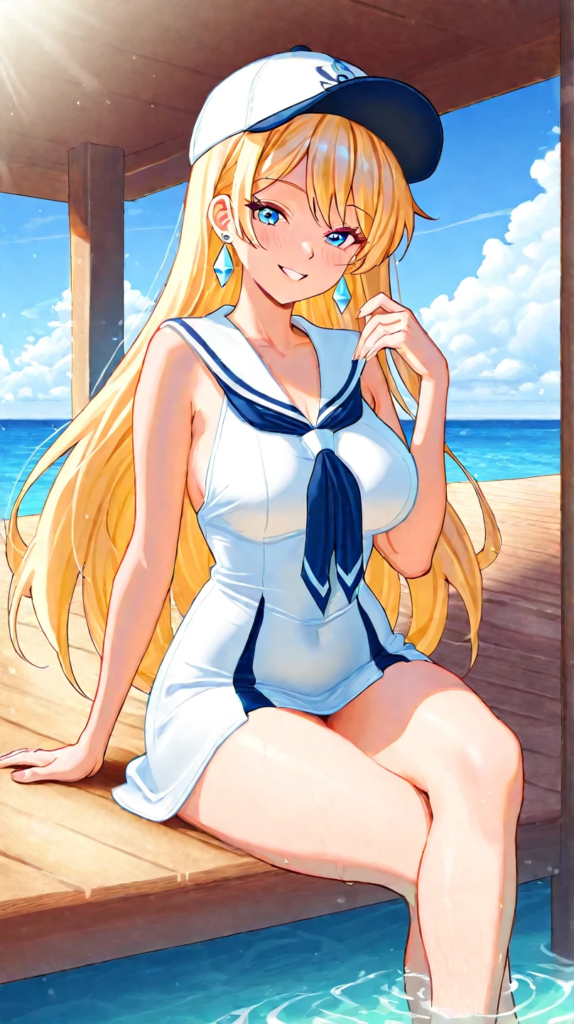1girl seductive standing on boat,detailed face,short dress,cleavage cutout,short sleeves,belt,smile,puffy lips parted,teeth,detailed blue eyes,big eyes,long blonde hair,perfect shadow,(masterpiece),ocean sky bg,<lora:rus-girl:0.9>,<lora:3dSlider_v2:1>,