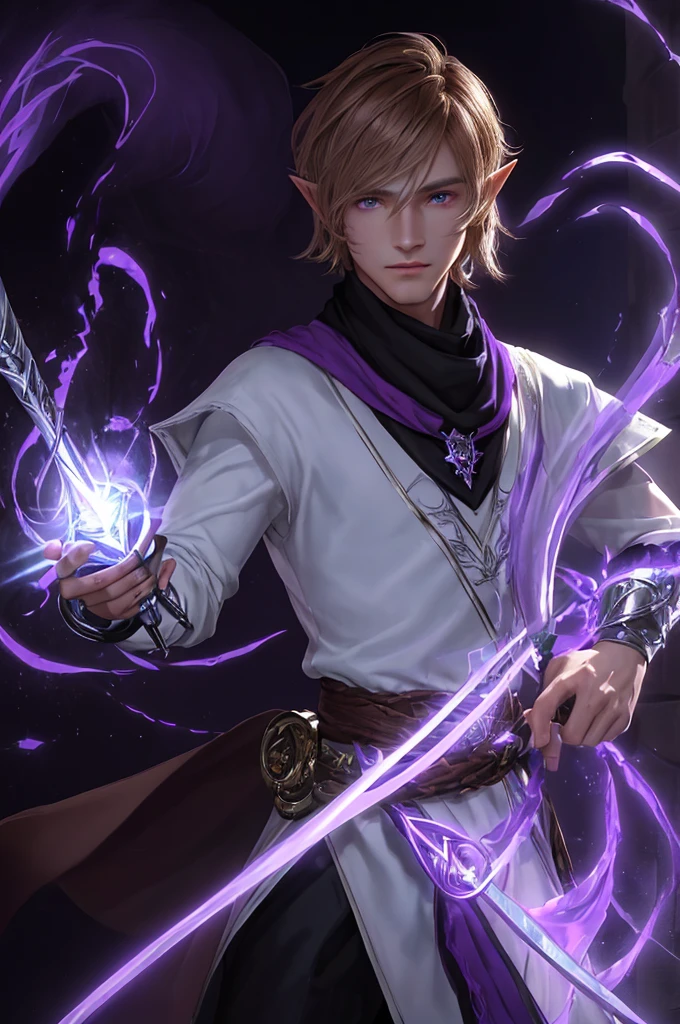 Young guy, longue blonde hair, violet eyes, elf ears, The open robe of the wizard, Magic tentacles, purple tattoos, Runes, Masterpiece, hiquality
