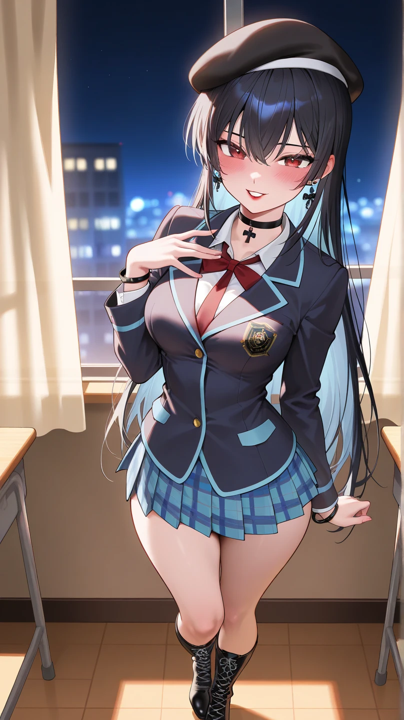 Yatogami tohka, school uniform, blazer, cleavage, medium breasts, best quality, long hair, pony tail, red ribbon hair, masterpiece, highres, best quality, blush, smile shy, sexy pose, indoor, chair, classroom, window, pleated skirt, stocking, thighhigh,