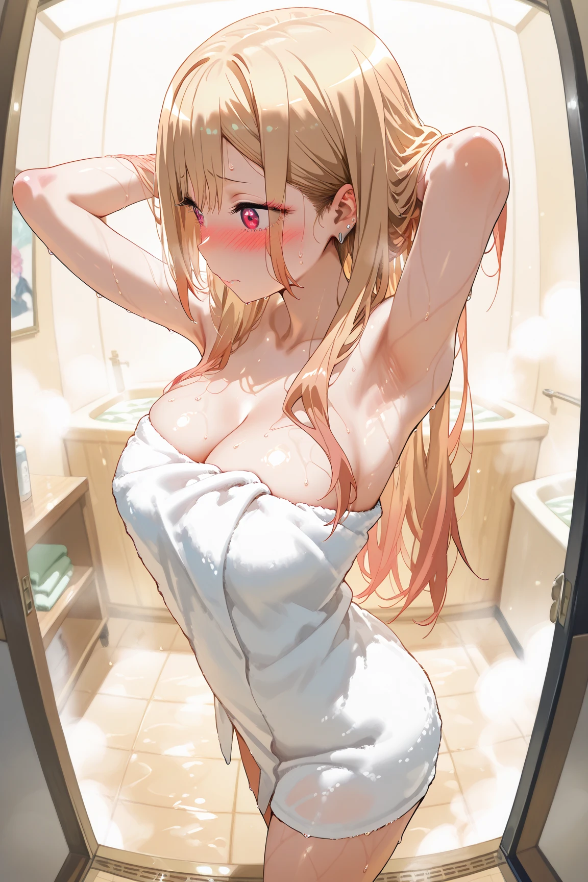 (masterpiece、Highest quality、Very detailed))、One girl、gyaru、Blonde、Long Hair、Grey Eyes、((Black surgical mask))、((lots of piercing))、Large Breasts、((naked towel:1.2))、Cowboy Shot、hakohel, scenery, pillow, bed, door, indoors, mirror, bag, toothbrush, shelf, tissue box, bottle, towel, alarm clock, calendar (object)