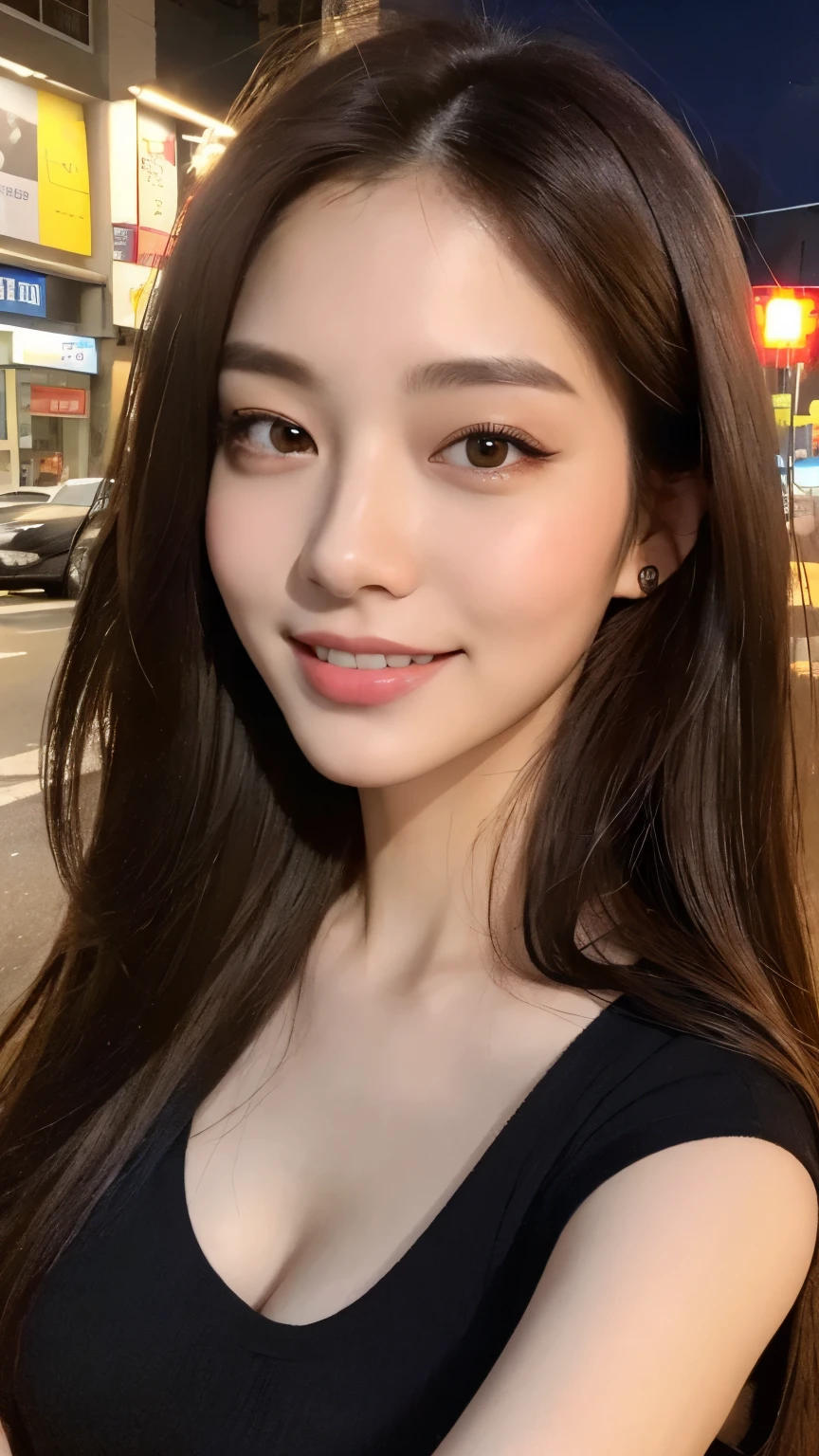 （best qualtiy，A high resolution，tmasterpiece：1.3），A tall and beautiful woman，Slender abs，Dark hair in loose wavy styling，nedium breasts，Wear a pendant，（White tight nightdress：1.3），（Modern architecture in background），Beautifully rendered details in face and skin textures，Detailed  blue/green eyes，red glossy lips, 二重まぶた，（grin：1.3）