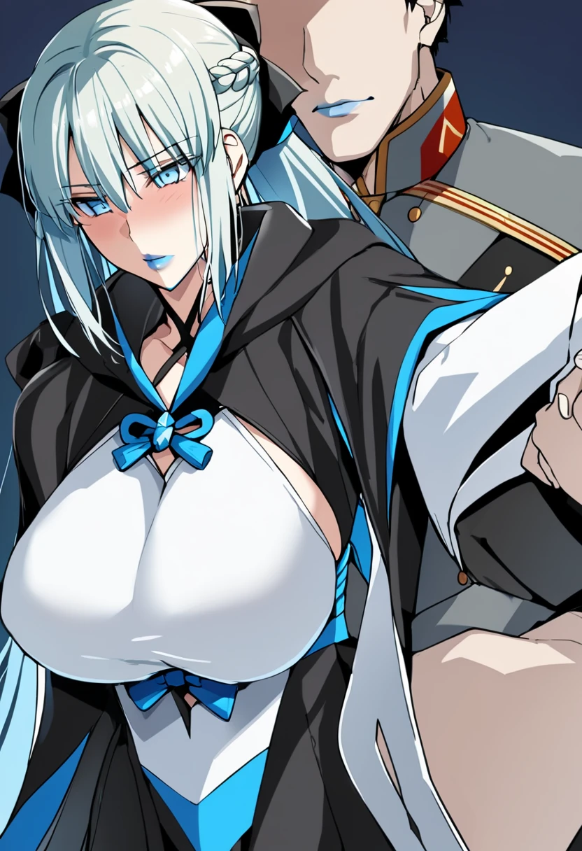 ((best quality)), ((masterpiece)), (detailed), (high resolution), perfect face, 1 Women, (red slit eyes:1.3), (white long hair), (a women grown-up face:1.4), parted lips, (a little big breasts:1.3), (orgasm:1.4), (black bikini :1.3), (undressed under bikini), (panty lift:1.2), (doggy sex:1.4), cum shot, (too many cum:1.3), (leaning forward:1.3) (old men:1.4), Stimulating, (touch buttocks:1.2), (angle buttocks:1.3), (sigh:1.1), (strip someone:1.3), (anime coloring:1.1), (dick:1.2), Ultra details++ , (Kyouka Uzen), Mato Seihei no Slave, motion lines, motion blur, bouncing breasts , blunt bangs, hair ornament, add more details, military uniform, epaulettes, leashed pov , white gloves, pussy, looking at viewer, hair Accessory,