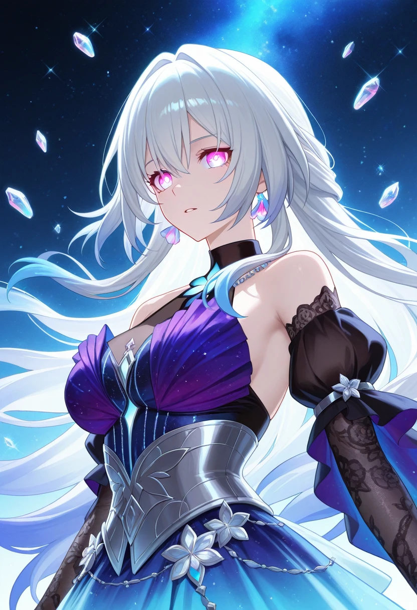 silber hair，butterflys，long whitr hair，8k wallpaper，detailedbackground，Highest high resolution，deep v big breasts，Hair over eyes，Bandeau，Church background，Purple roses，tight-fitting，themoon，stocklings，(2 girls，Twin sisters)