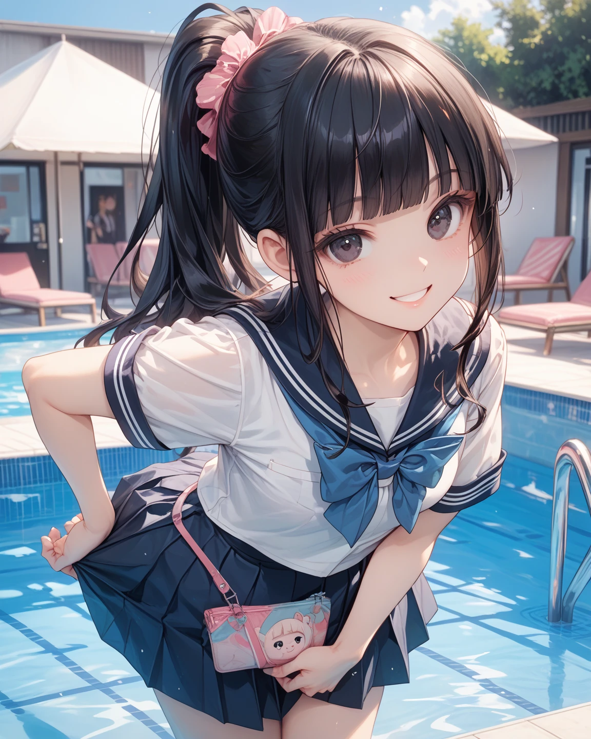little anime girl with long hair with two black pigtails, calidad 4k, beautiful and small face, con falda pequela y playera de tirantes, pecho plano con uniforme deportivo japones, en un aula de escuela con calcetas hasta el muslos (mejor calidad) (loli anime) (falda levantada) (bragas azules)