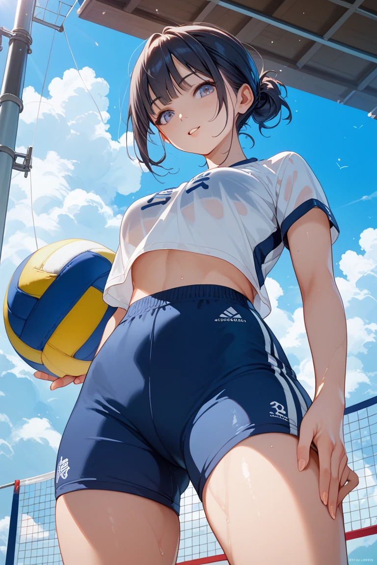 (masterpiece, 4k ,ultra detailed:1.2),(beautiful face:1.2),(anime:1.2),illustration,(solo:1.2),(dark skin:1.2),(looking at viewer:1.4),(supermodel:1.3),(basketball athlete:1.4),(basketball wear:1.5),(basketball:1.6),(sweaty skin:1.3),(white hair),(bangs pinned back:1.3),13yo,(very short hair:1.5),(white panties),(string,Chiseled abs,bouquet,child,large breasts,petite:1.1),(sfw,nipple,dress,sports bra:1.5),(cinematic angle),(full body:1.2),(Cameltoe:1.3),(volleyball field:1.5),(show off Cameltoe:1.3),(basketball court:1.3)