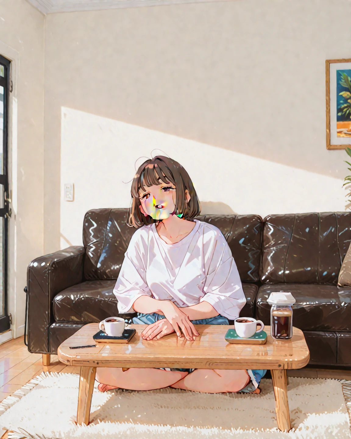 hot girl with a cup of tea in her house with comfy clothes