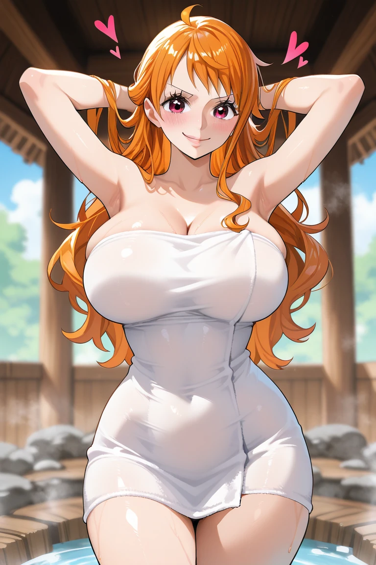 (Masterpiece,detailed, super high quality,In 4K,Highest qualityの高品質,extremely detailed,Attractive photos,Highest quality, In 4K, 8k, High resolution,Precise human body,Perfect garment,Top quality illustrations)(One-piece style,Nami,whole body)(handsome features, full makeup,lip gloss,eyeliner),smile,Embarrassed,(Woman in her 20s,Beautiful woman,Beautiful face line,Feminine body lines,Beautiful orange hair,Fluffy long hair,Beautiful brown eyes)(Huge ,valley:1.2)(Red Chinese Dress,Mini Dress,valleyカットアウト), blush,Sweat,steaming body,anger,Wet clothes,View your viewers, indoor, Low - Angle, squat, Put your arms behind your head, blush, from the front, 胸のvalley