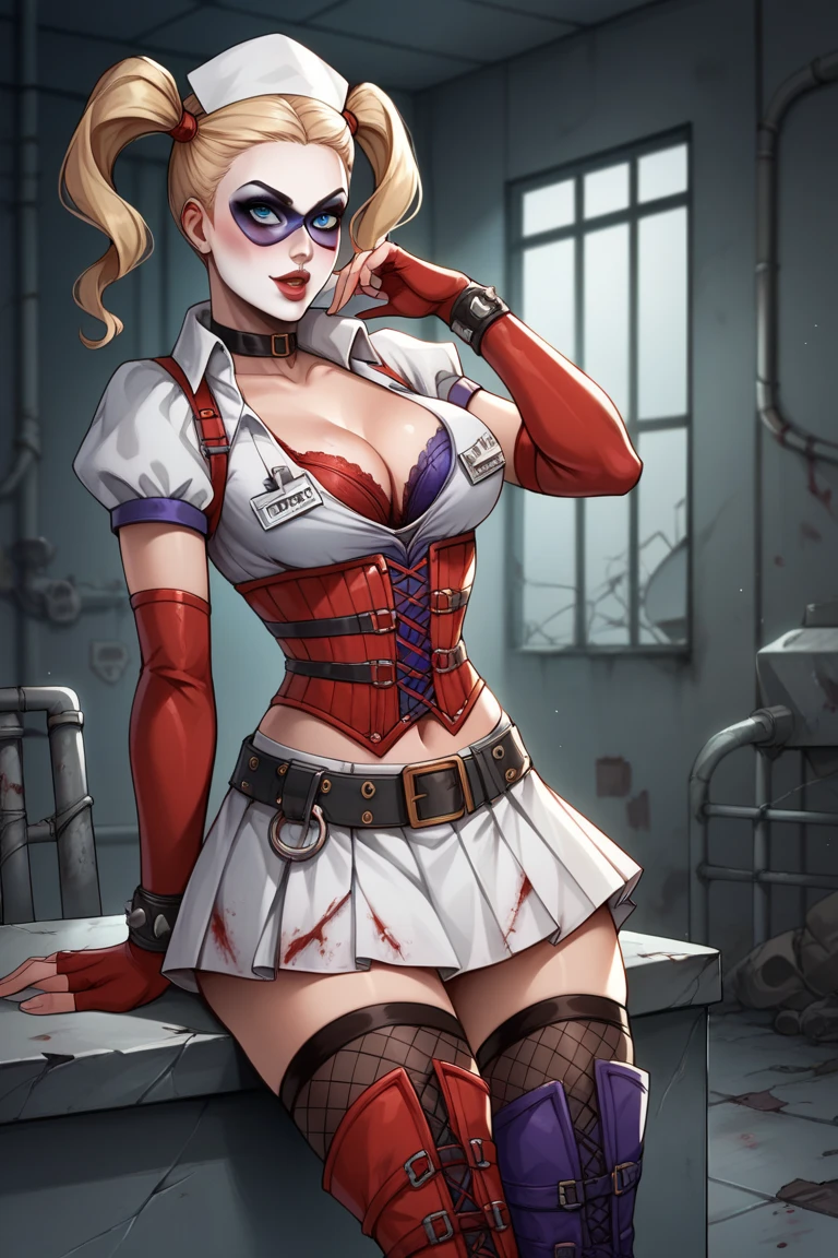 Harley Quinn goal ,((( 5 toes, black toe nails, Focus full body, sitting on a chair, tied ankles together,tied arms, with no shoes,)))