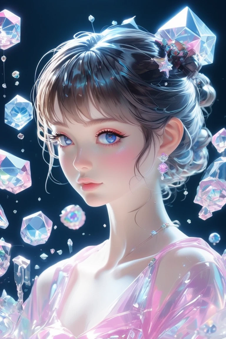 crystal covered, （Full body ：1.3）, alternate color, masterpiece, detailed illustration, realistic, pixiv top quality, exquisite, {{{kawaii 1girl}}}, ultra beauties who fuse with machines, glitter beautiful female, Half of my body is made of machines, cinematic lighting, dynamic angle, dynamic pose, crystal world, depth of field，Shiny socks，Crystal stockings，Crystal high heels
