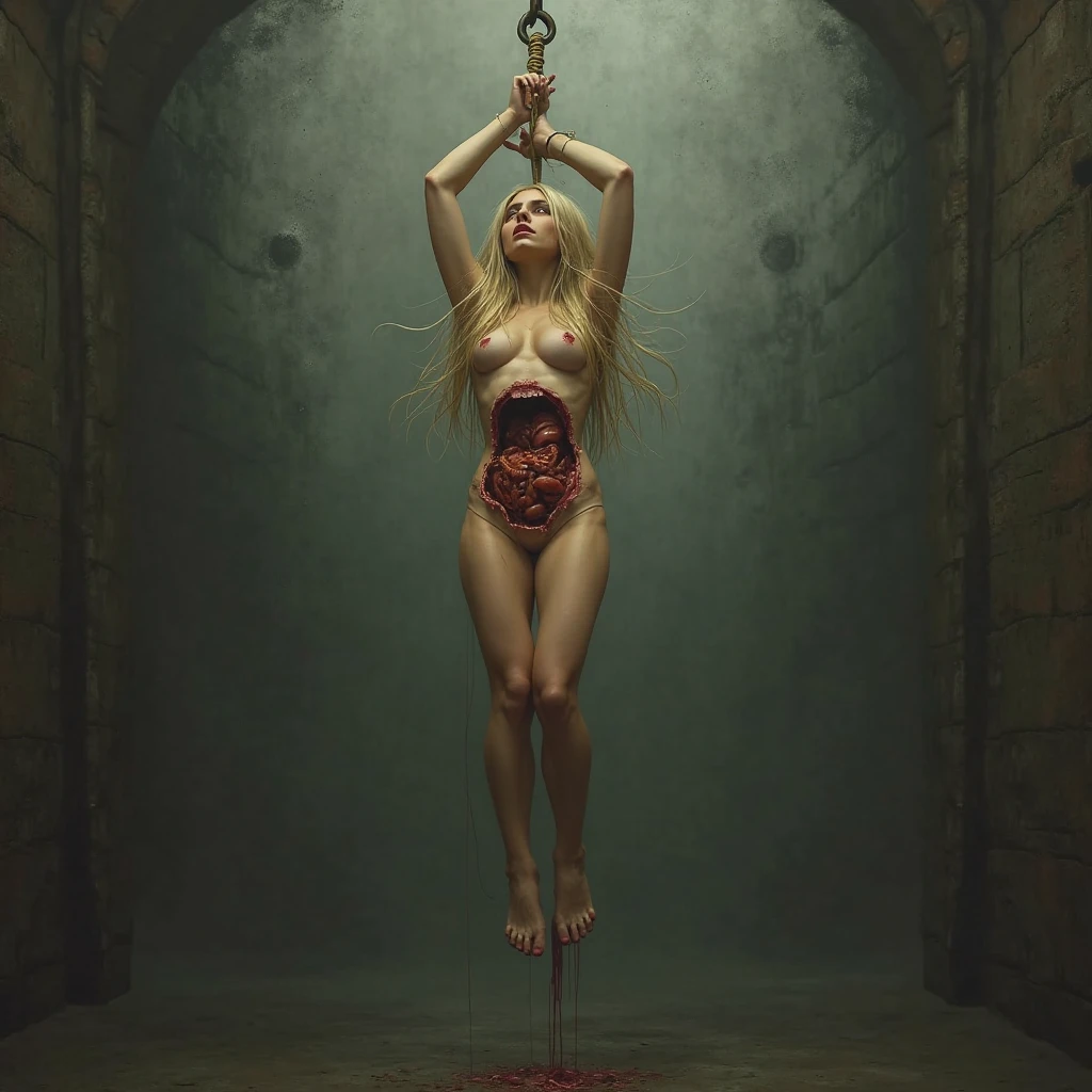 A realistic and dark depiction of Lady Isolde Thorne in a wounded and beaten state after being captured. She is shown , her body visibly bruised and bloodied from battle. her body is hanging above the ground by her hands chained to the ceiling , her mouth is shut by strap, Her expression reflects both pain and exhaustion, yet there remains a hint of defiance in her eyes. The setting is a dimly lit, grim environment, possibly a rough stone cell, with a focus on the harsh reality of her capture. The art style should be realistic with an oil painting texture, capturing the gritty and brutal conditions in this dark fantasy scene.