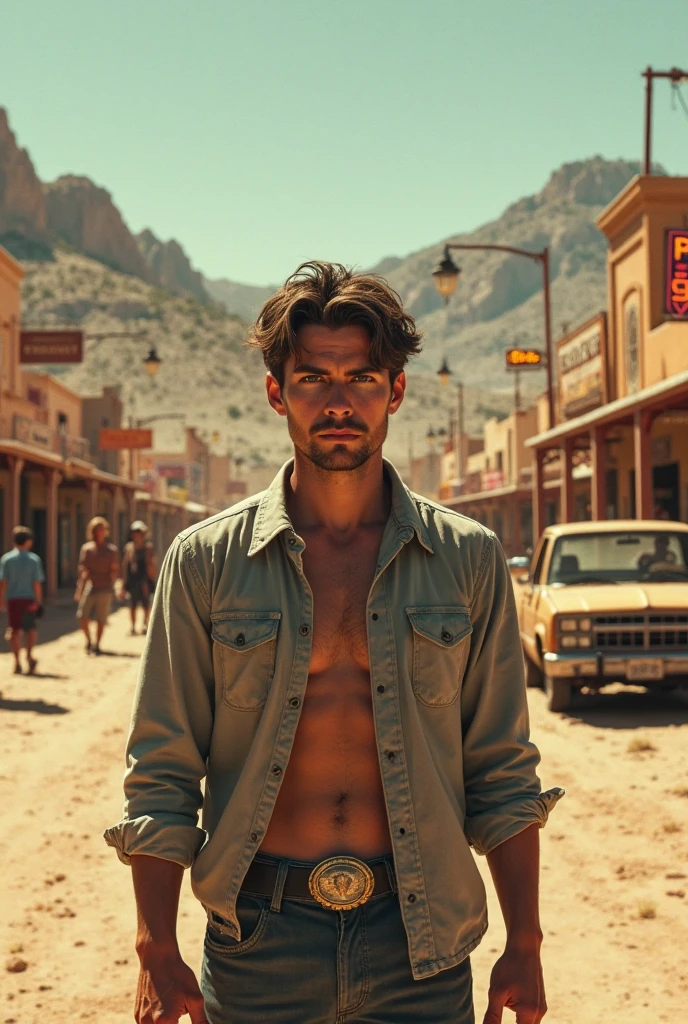 Young cute handsome white skinny angelic face shirtless naked cowboy con un guapo hombre