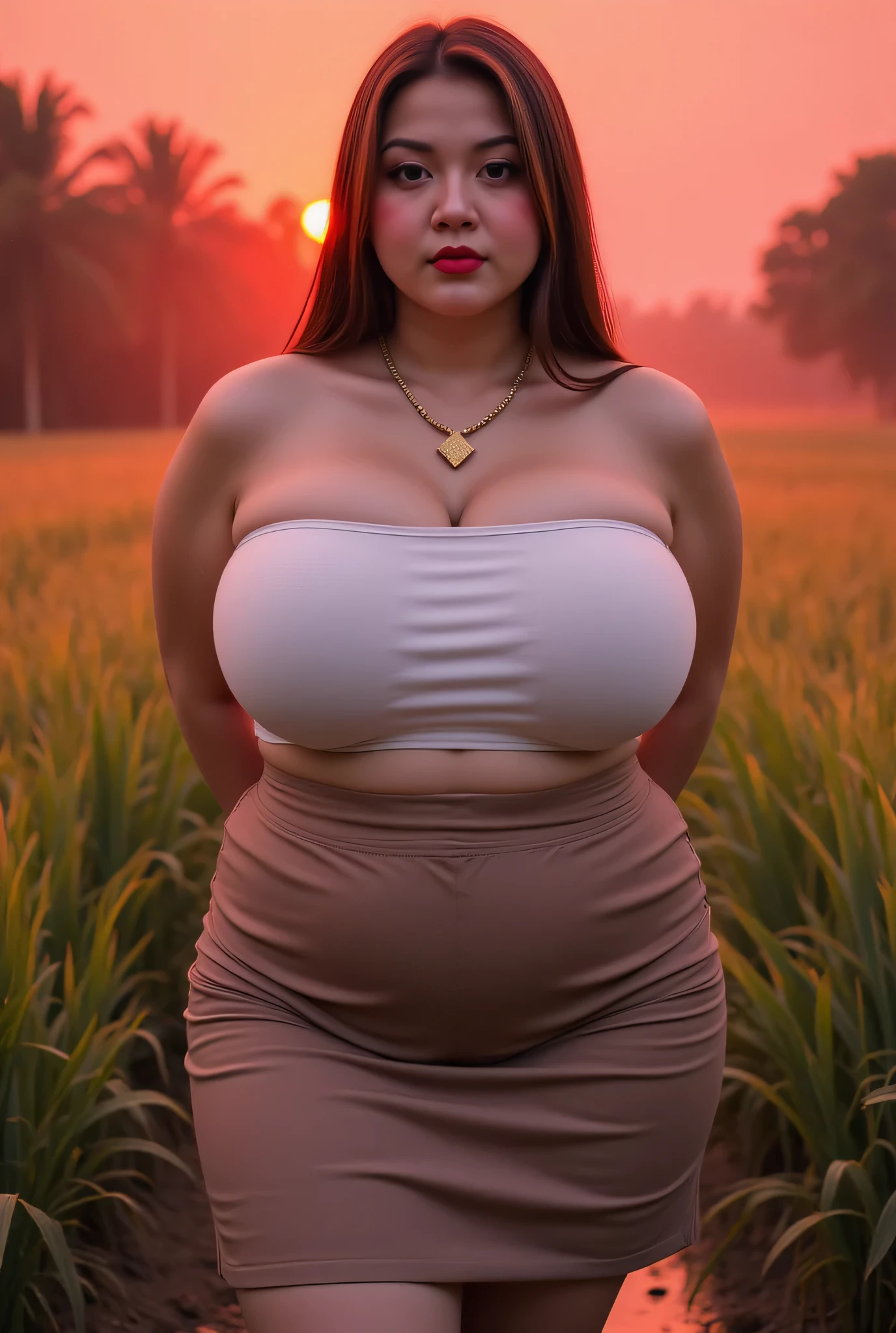Bbw Fat, ((Big Gold DIAMOND Necklace)), Straight hair covers the ears perfectly, Wearing cotton plain Strapless , (( wearing Short Pencil Skirt )), view from the front, both hands lying behind back, background rice paddy. twilight is red atmosphere, FRONT IMAGE, red lips 👄 (detailed split short skirt looks peha), (Straddling Squatting) overweight plump and fat belly, fat belly