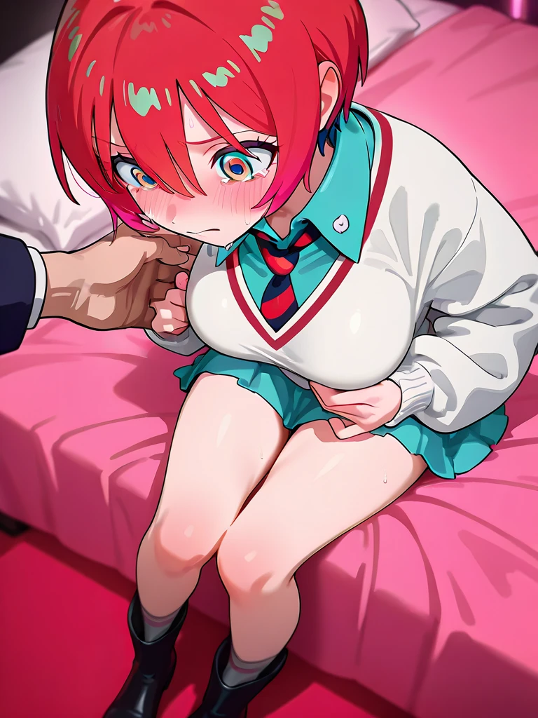 score_9, score_8_up, score_7_up, source_アニメ, masterpiece, rating_safe, 1girl, 独奏, (hinata), one side up, blue dress, white sailor collar, white long sleeves, red bow, blush, indoors, looking at viewer, full body, leaning forward, skirt open、cute、blush、Watery eye、Sex、Creampie、vaginal penis, missionary, saliva trail, (orgasm), Drooling pulls a thread、(Semen overflowing)、Cum String、A lot of semen、Wet、Anime H、Anime Images, (Violent Rape)、Trembling、1boy, intercourse with a man, Insert the big penis、((uterus at viewer penis inserted into pussy from cross section looking through))